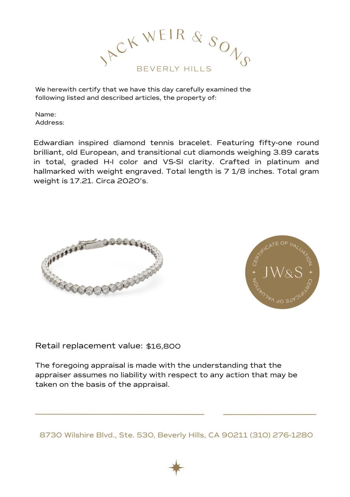 Bracelet de tennis en platine avec diamants d'inspiration édouardienne d'un poids total de 3,89 carats en vente 1
