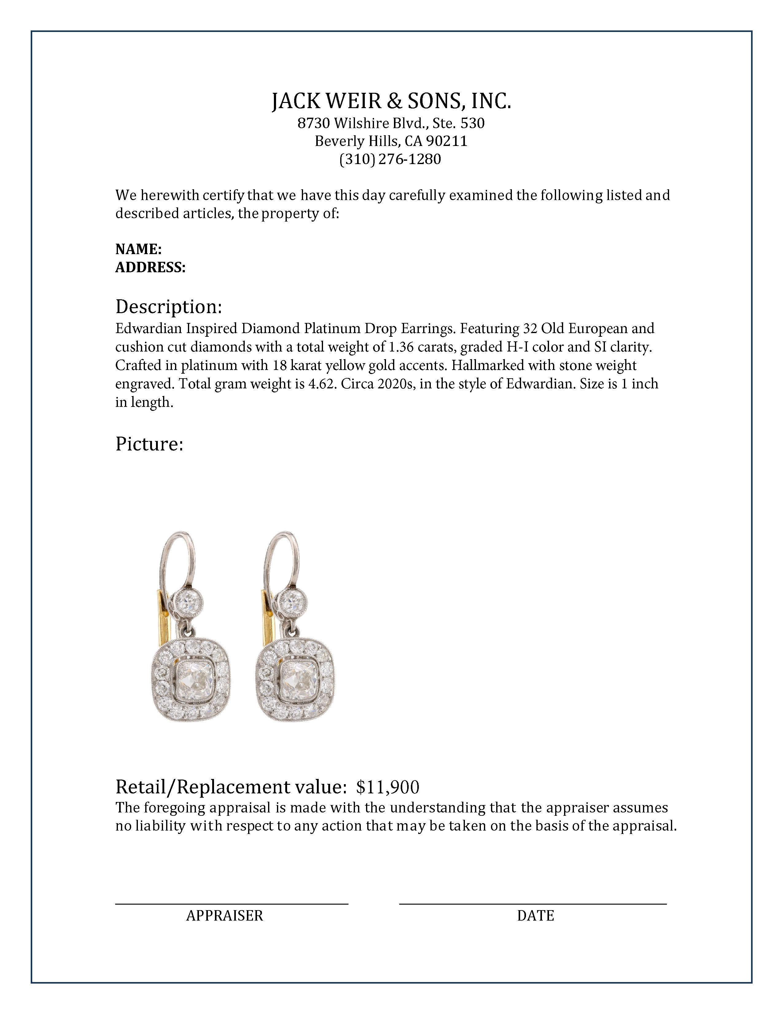 Edwardianisch inspirierte Diamant-Platin-Tropfen-Ohrringe für Damen oder Herren