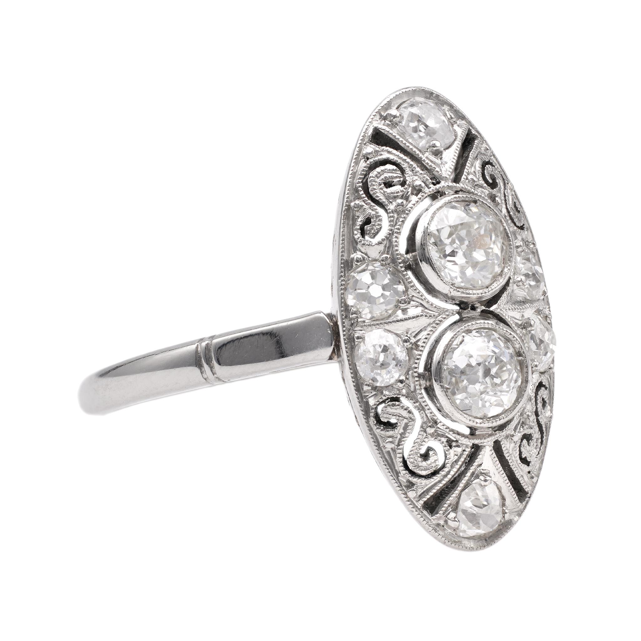 Women's or Men's Edwardian Inspired Diamond Platinum Toi et Moi Navette Ring For Sale