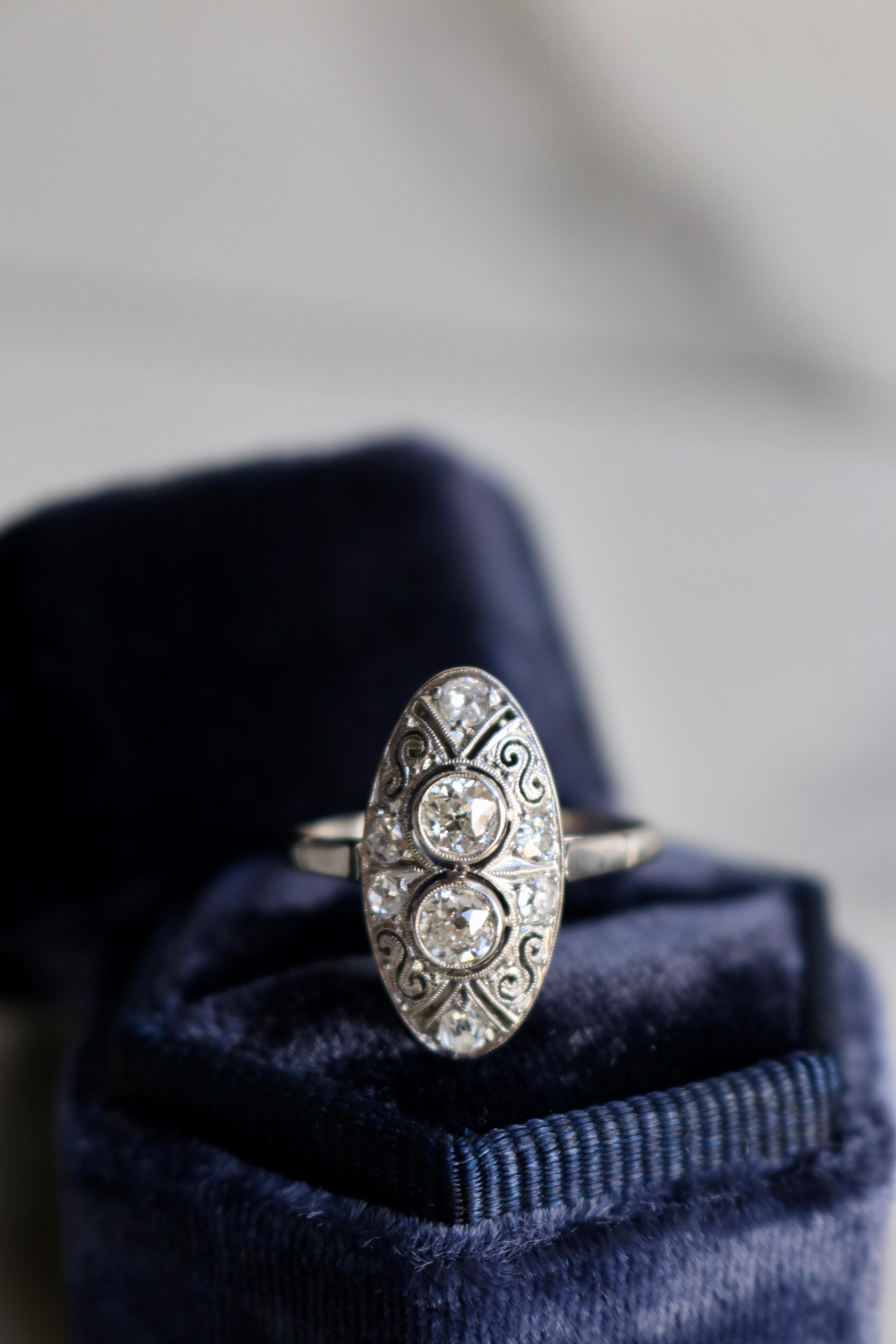Edwardian Inspired Diamond Platinum Toi et Moi Navette Ring For Sale 1