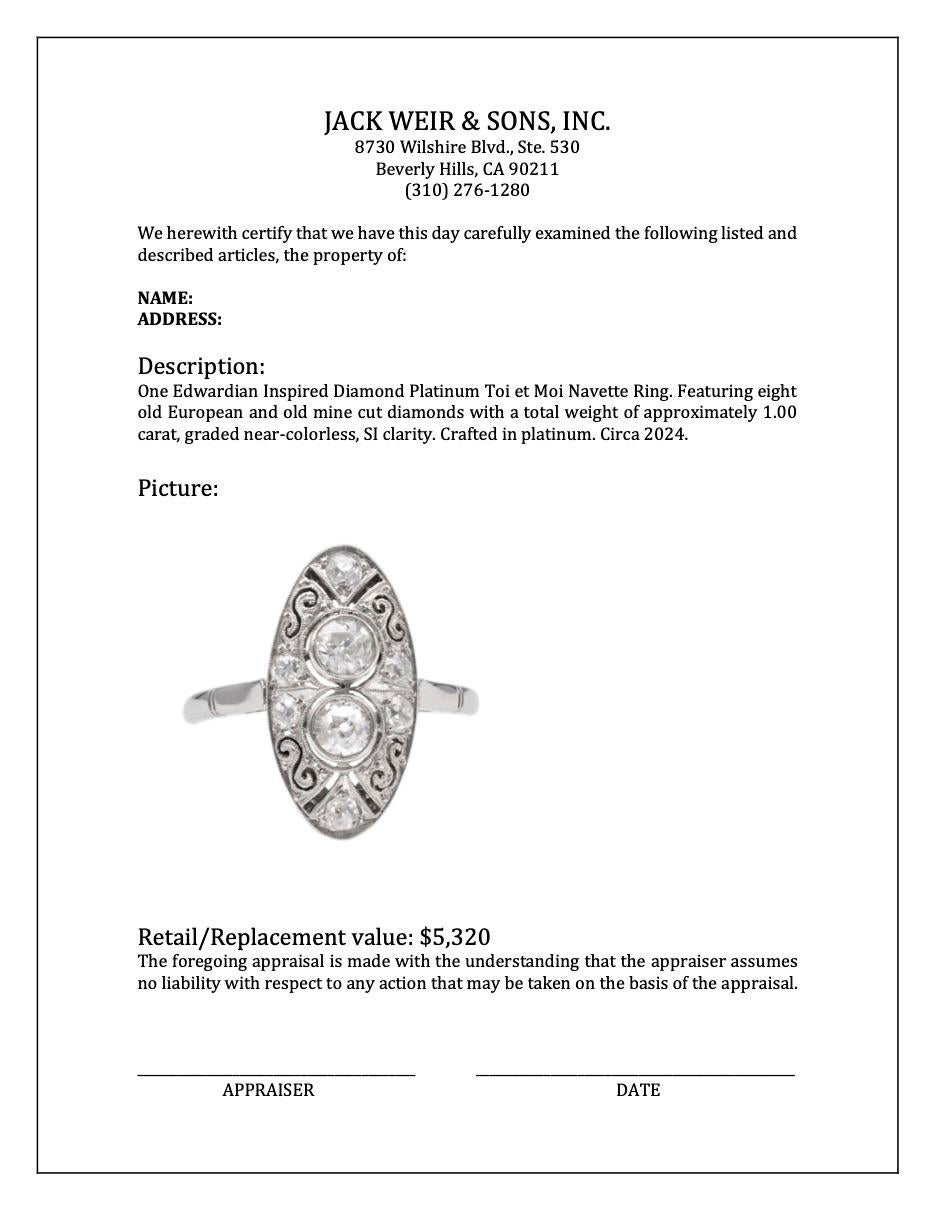 Edwardian Inspired Diamond Platinum Toi et Moi Navette Ring For Sale 2
