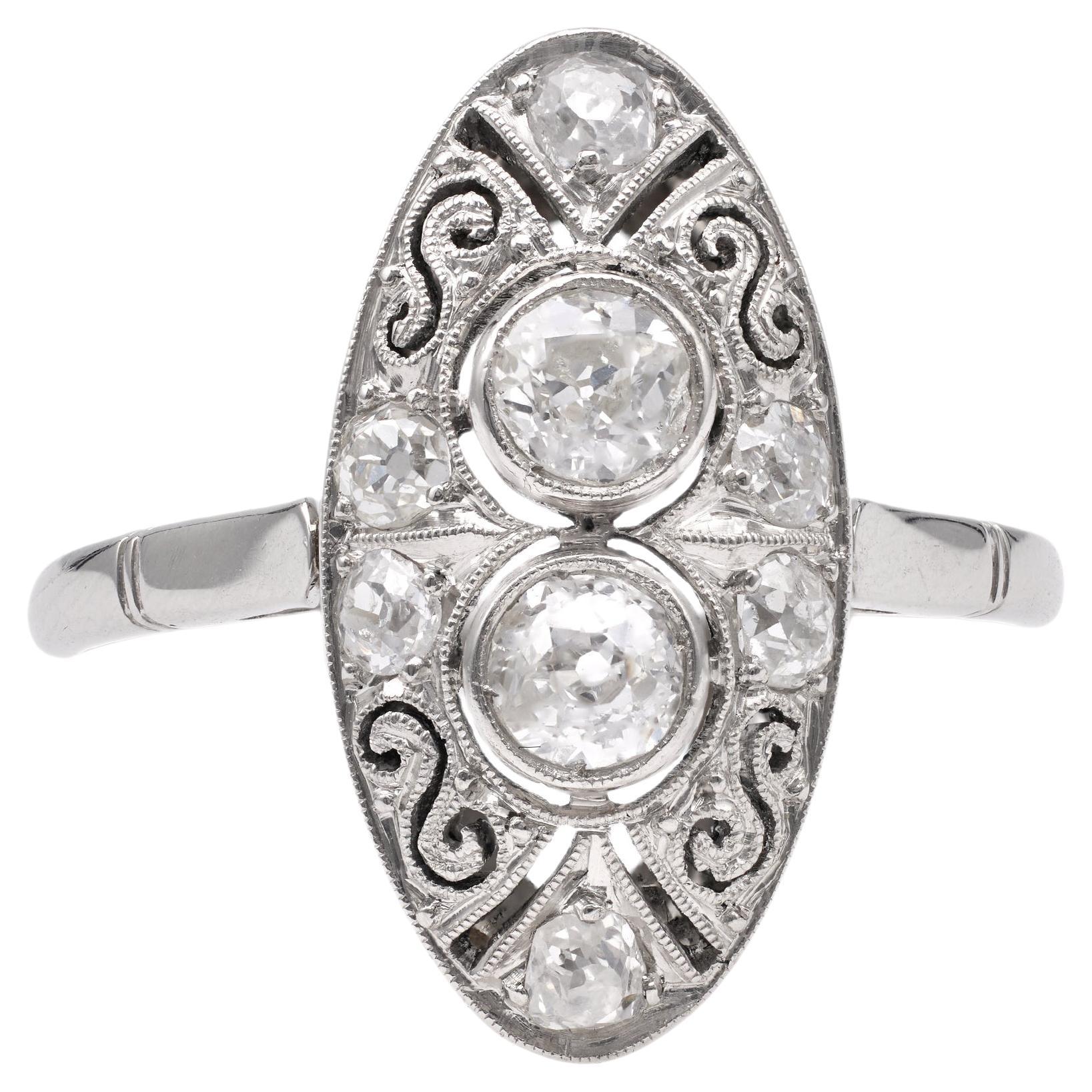 Edwardian Inspired Diamond Platinum Toi et Moi Navette Ring For Sale