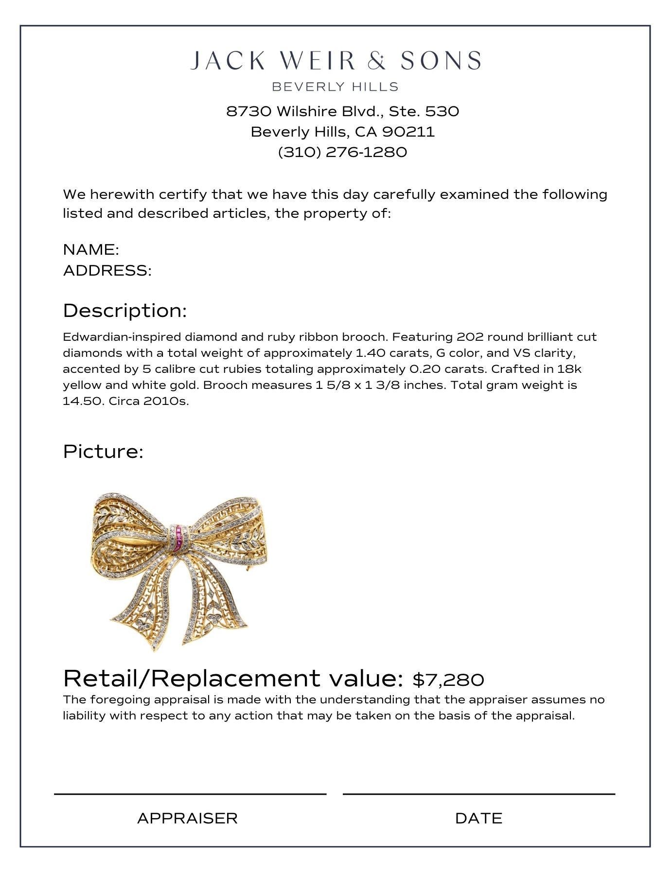 Broche de cinta de oro de 18k con diamantes y rubíes de inspiración eduardiana en Excelente estado para la venta en Beverly Hills, CA