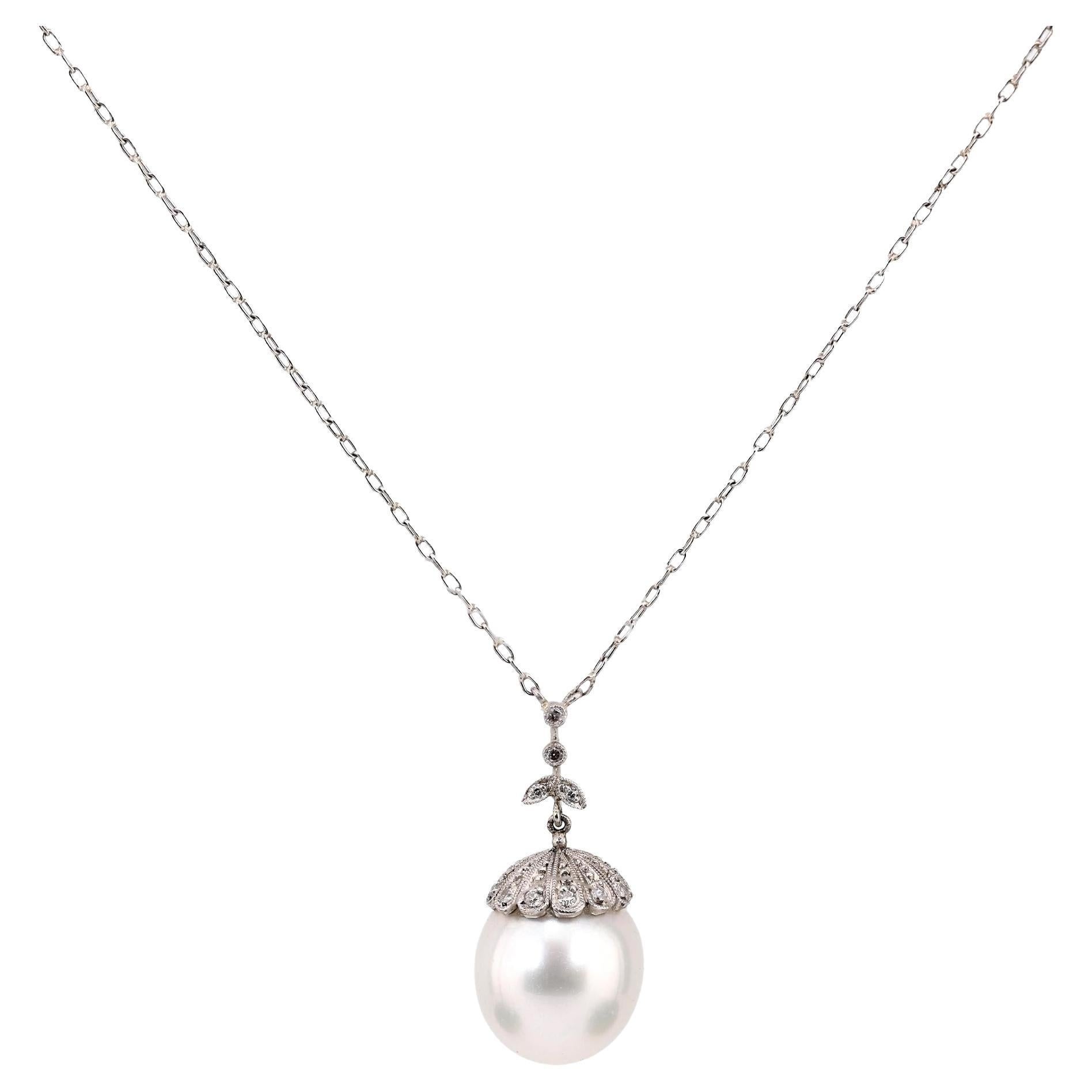 Edwardian inspired large pearl diamond platinum necklace