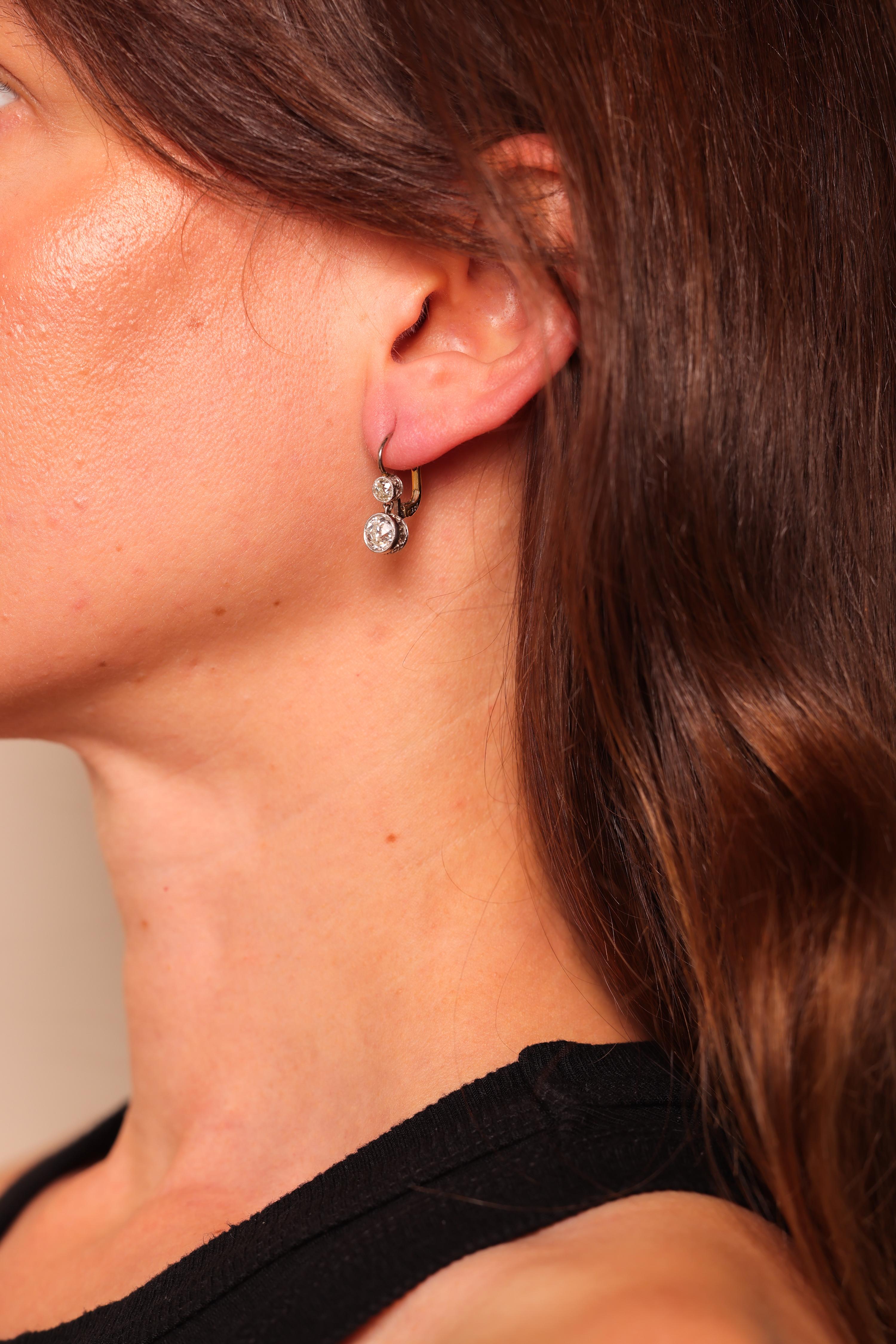 Old Mine Cut Edwardian Inspired Old Mine Diamond 18K White Yellow Gold Earrings