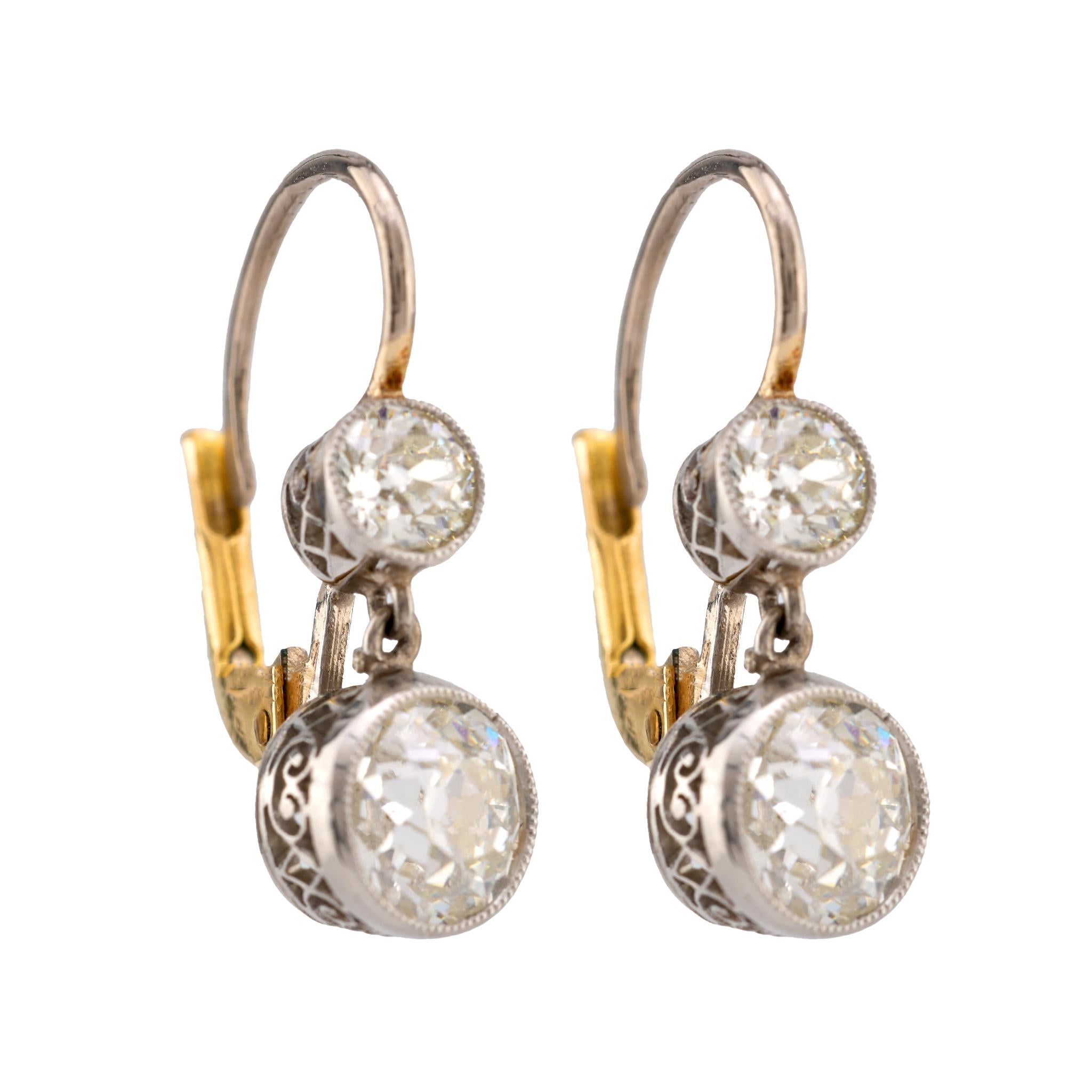 Edwardian Inspired Old Mine Diamond 18K White Yellow Gold Earrings In Excellent Condition In Beverly Hills, CA