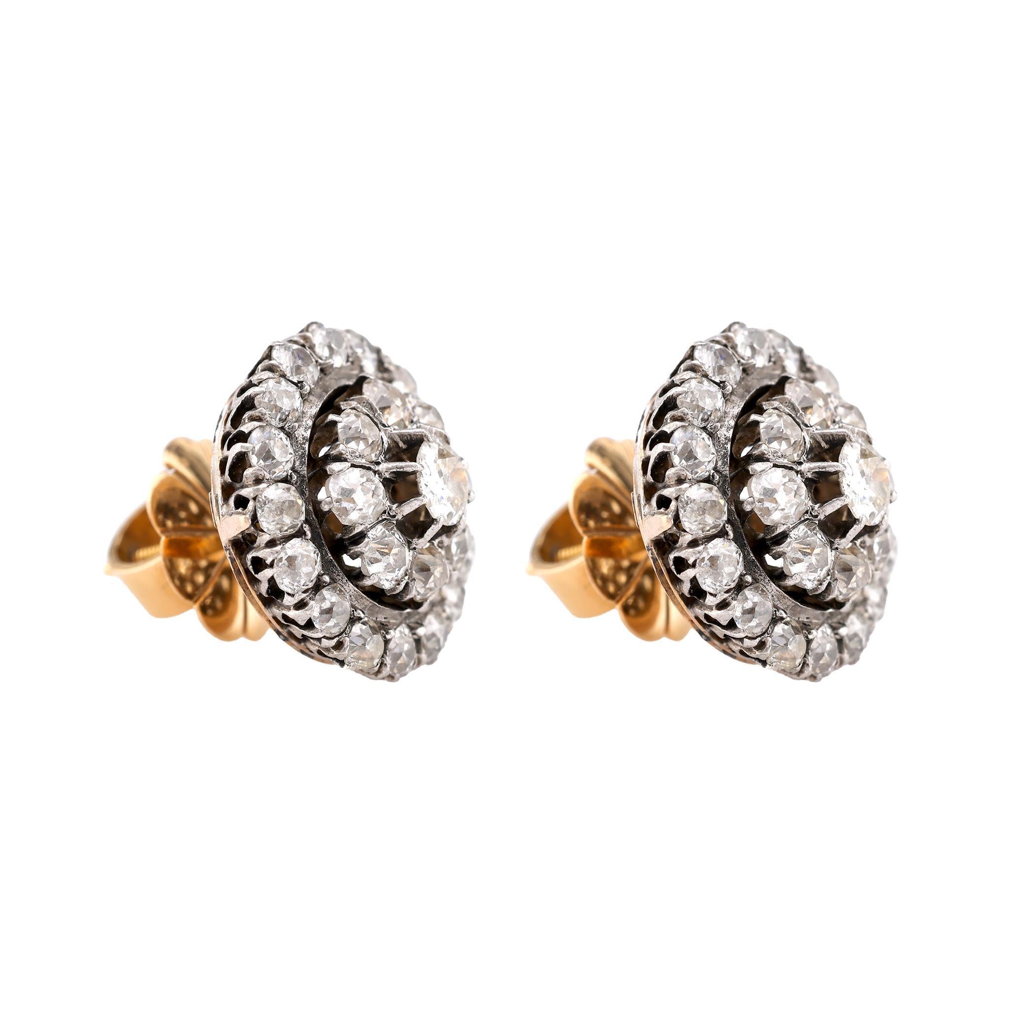 Old Mine Cut Edwardian Inspired Old Mine Diamond 18K Yellow Gold Cluster Earrings For Sale