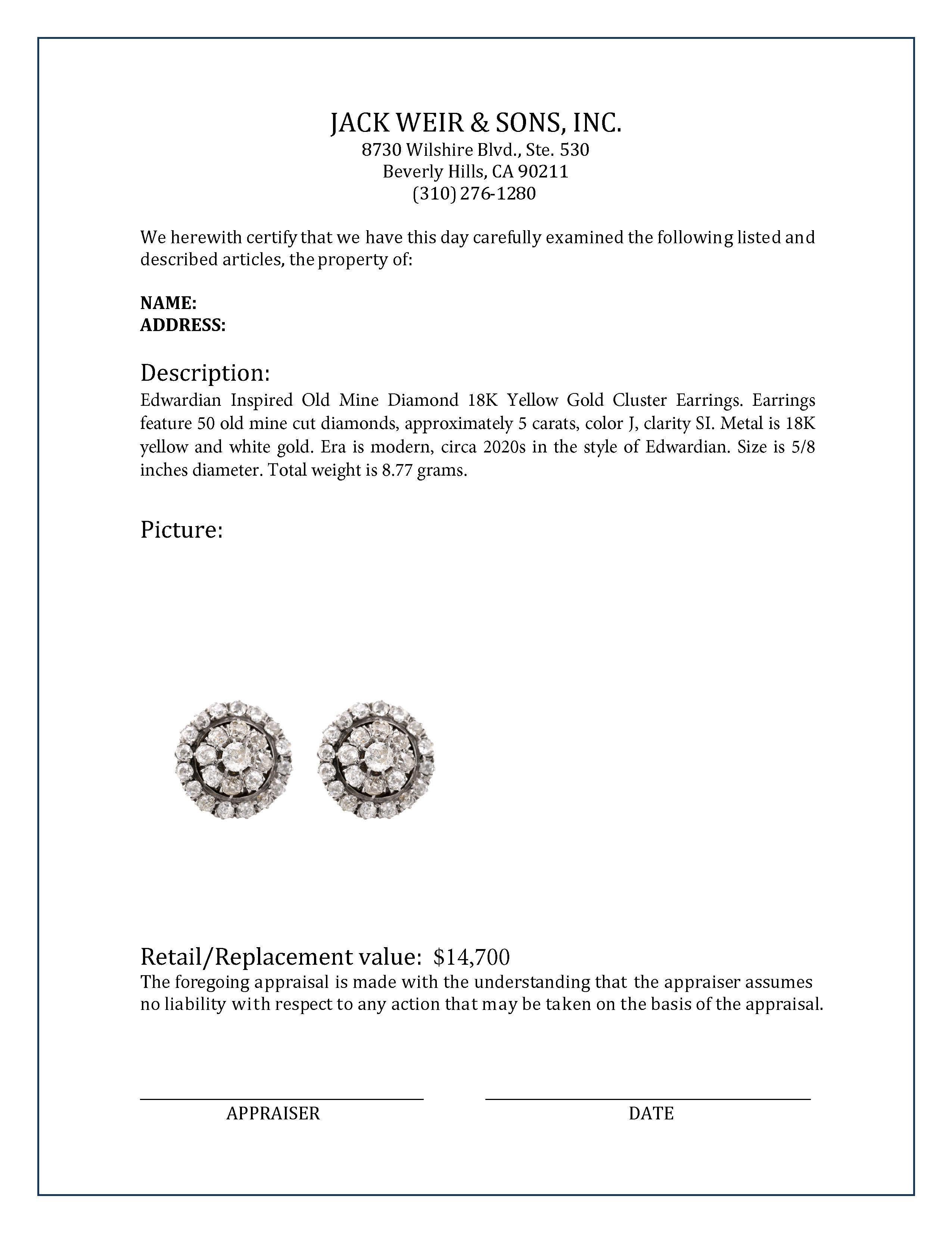 Women's or Men's Edwardian Inspired Old Mine Diamond 18K Yellow Gold Cluster Earrings For Sale