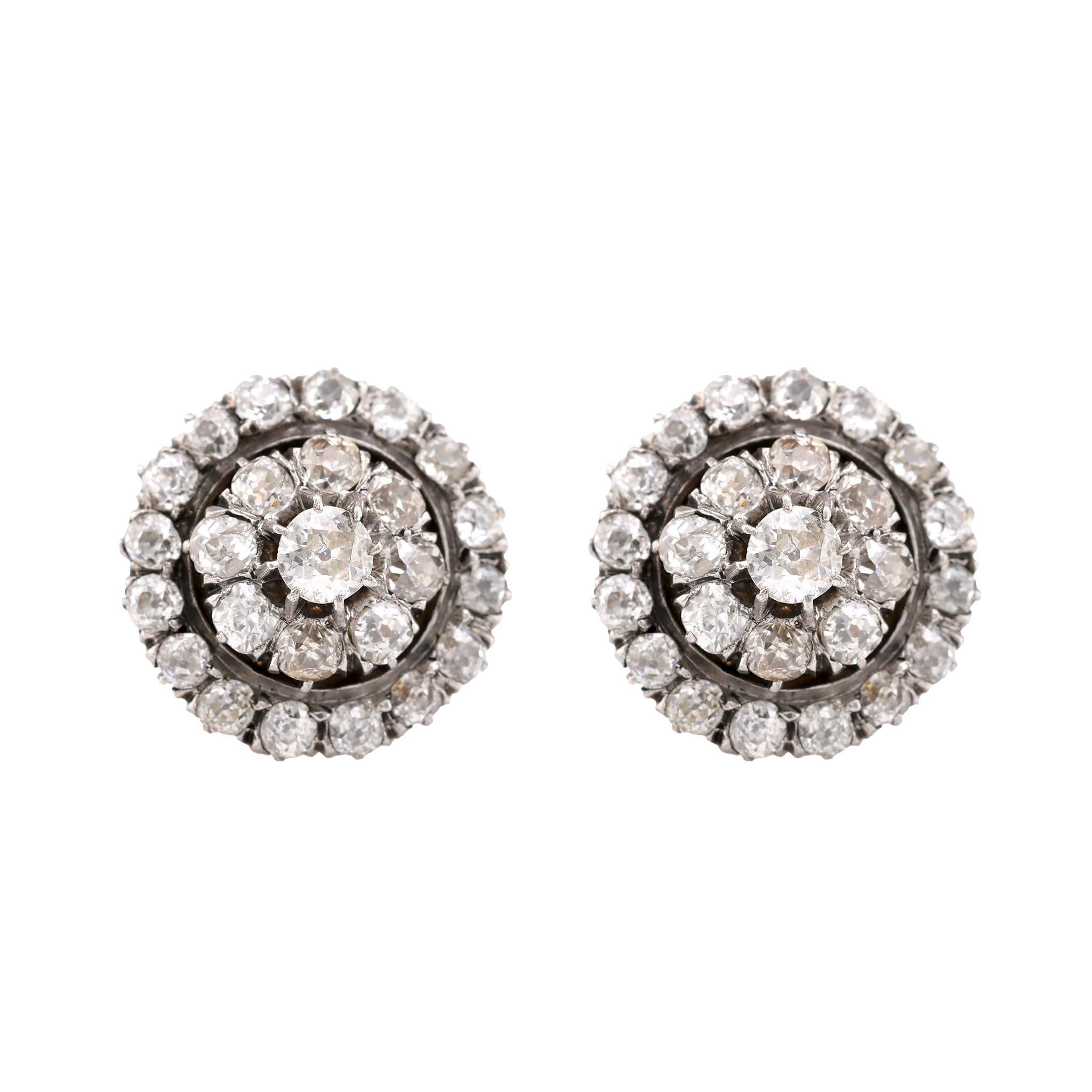 Edwardian Inspired Old Mine Diamond 18K Yellow Gold Cluster Earrings