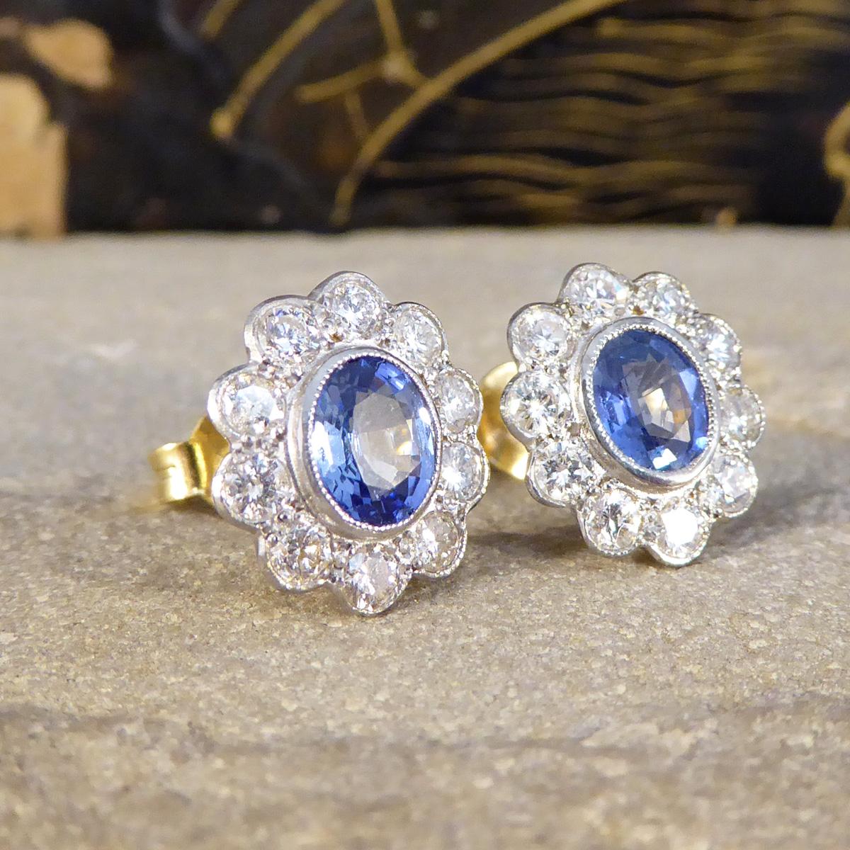 Oval Cut Edwardian Inspired Sapphire and Diamond Cluster Earrings in 18ct Gold