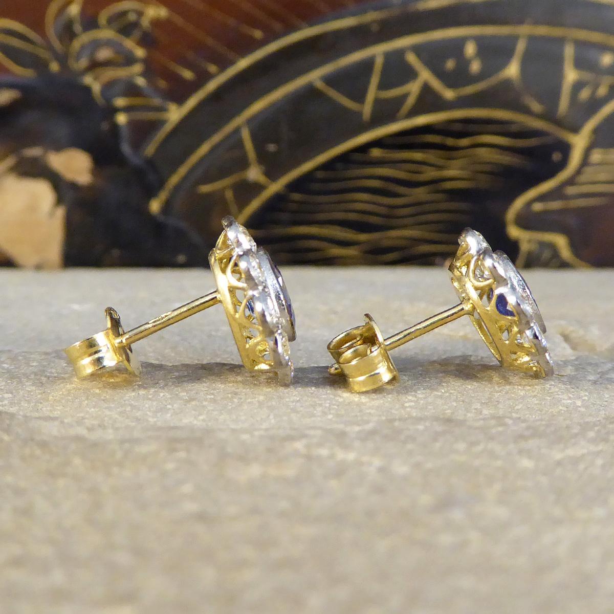 Edwardian Inspired Sapphire and Diamond Cluster Earrings in 18ct Gold In Excellent Condition In Yorkshire, West Yorkshire