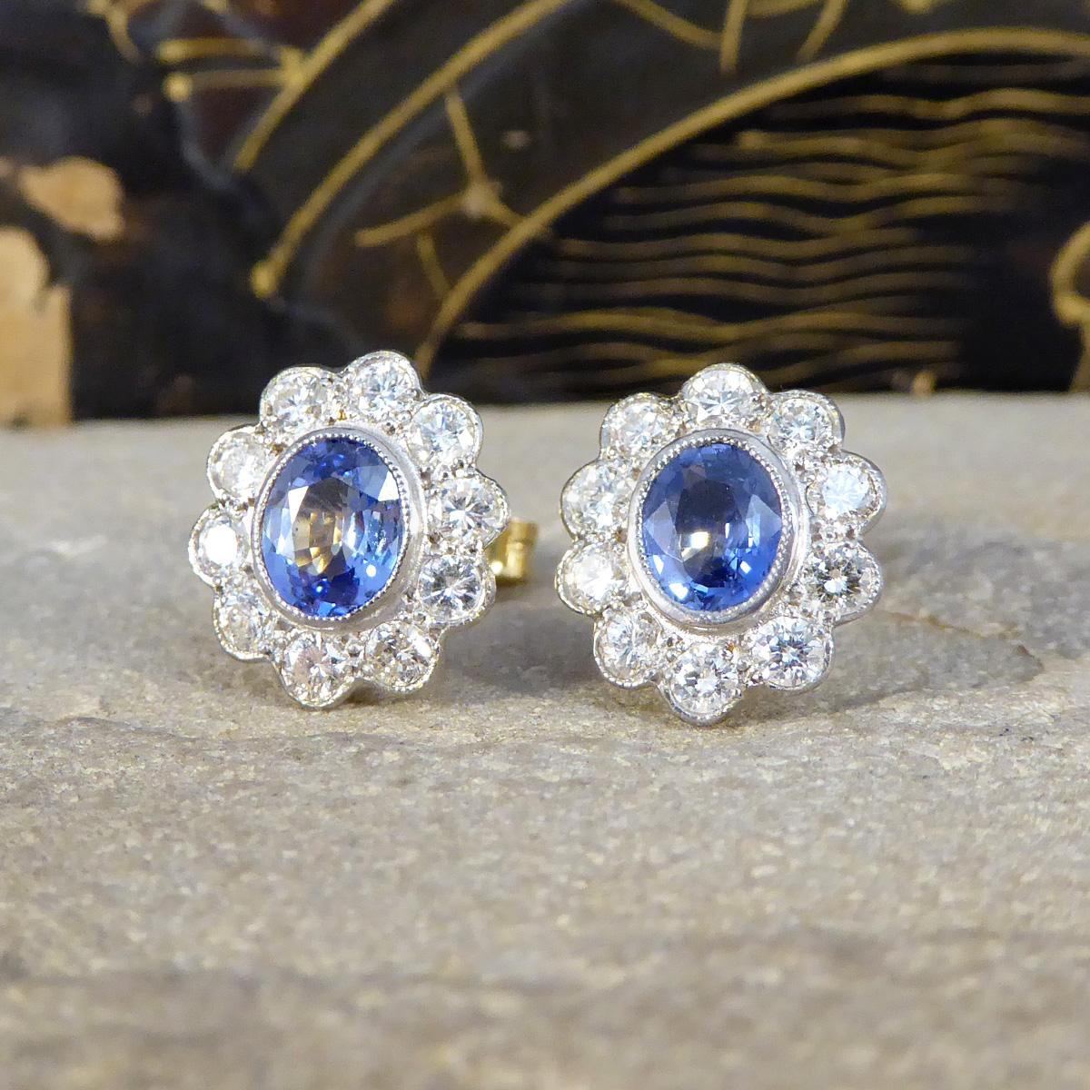 Edwardian Inspired Sapphire and Diamond Cluster Earrings in 18ct Gold 1