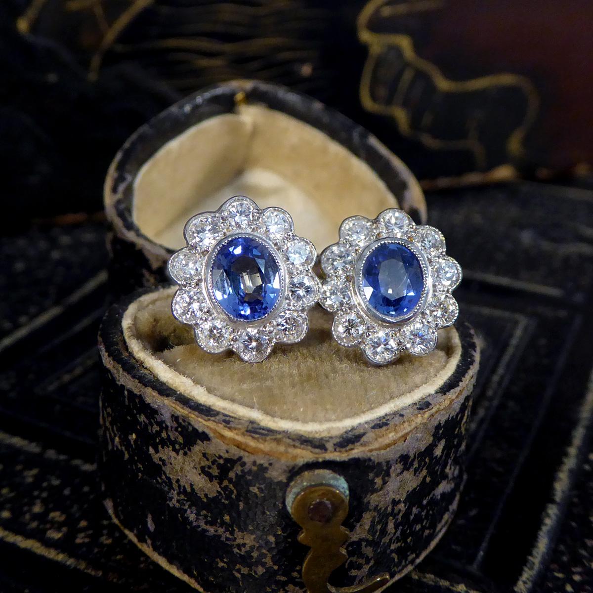 Edwardian Inspired Sapphire and Diamond Cluster Earrings in 18ct Gold 3