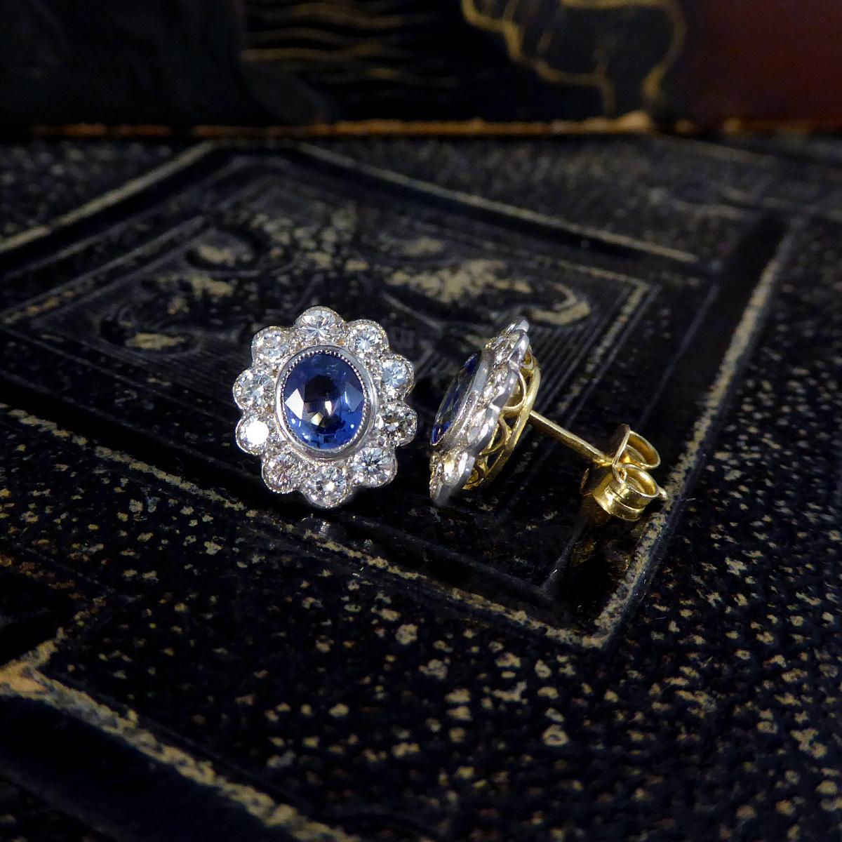 Edwardian Inspired Sapphire and Diamond Cluster Earrings in 18ct Gold 4