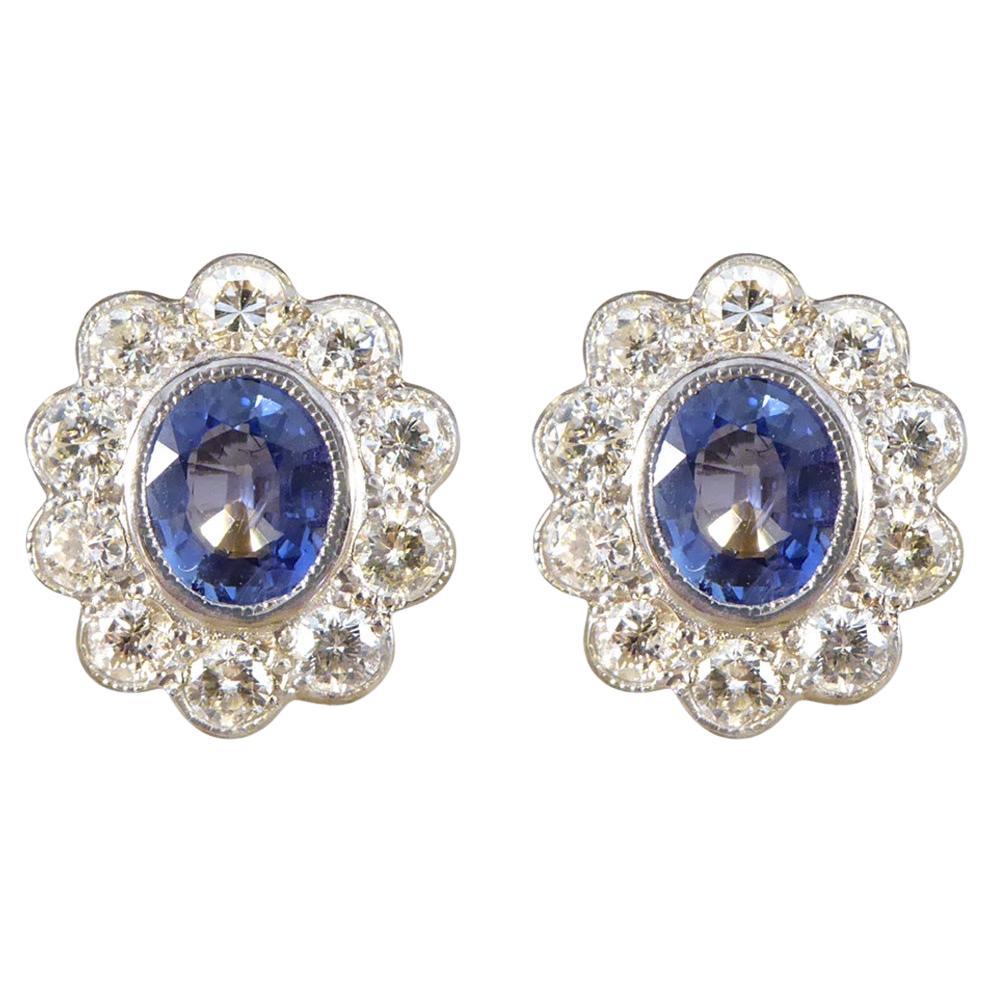 Edwardian Inspired Sapphire and Diamond Cluster Earrings in 18ct Gold