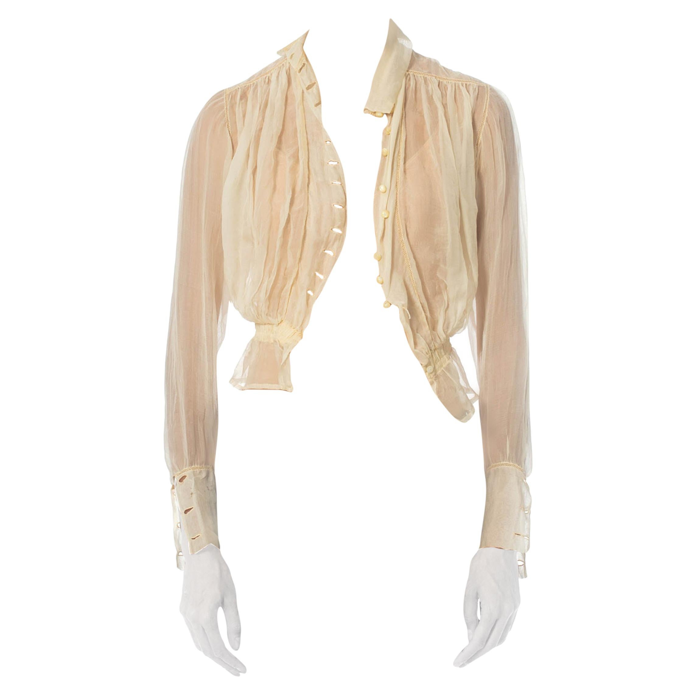 Edwardian Ivory Light Weight Silk Haute Couture Blouse With Mother-Of-Pearl But For Sale