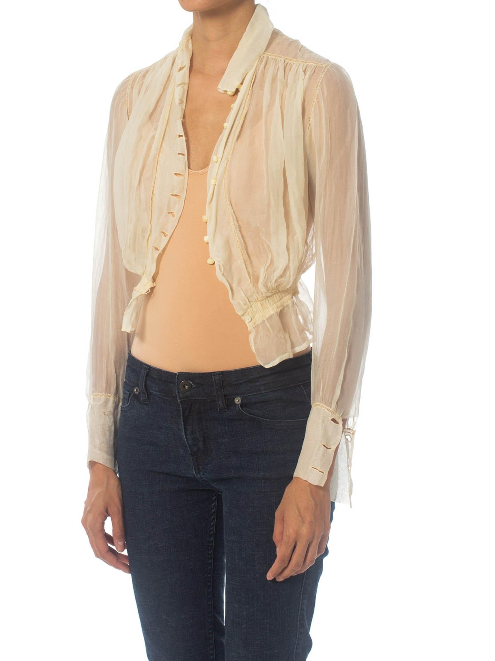 Edwardian Ivory Light Weight Silk Haute Couture Blouse With Mother-Of-Pearl Buttons From Paris