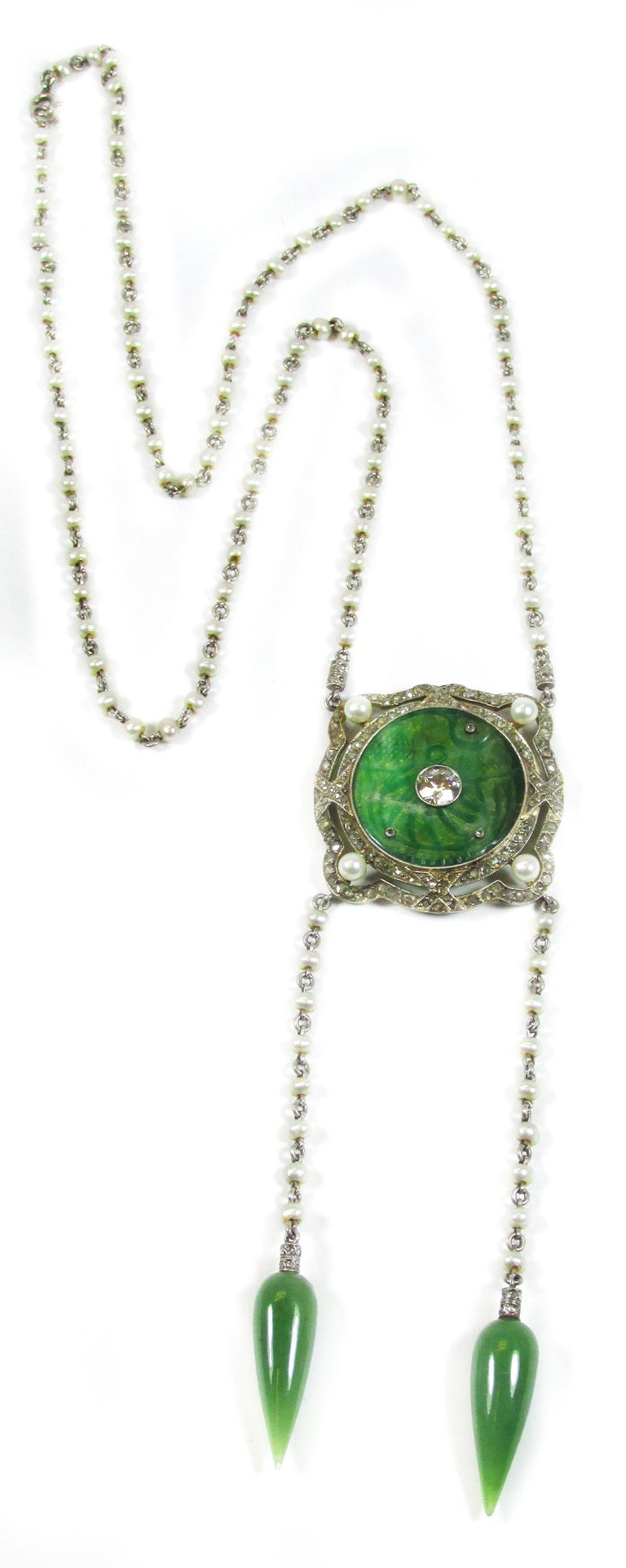Edwardian Jade Natural Pearl Diamond Platinum Sautoir Necklace For Sale ...