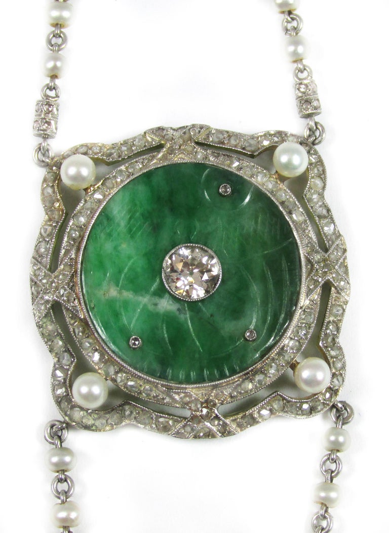 Edwardian Jade Natural Pearl Diamond Platinum Sautoir Necklace In Excellent Condition For Sale In New York, NY