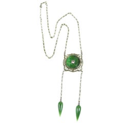 Edwardian Jade Natural Pearl Diamond Platinum Sautoir Necklace