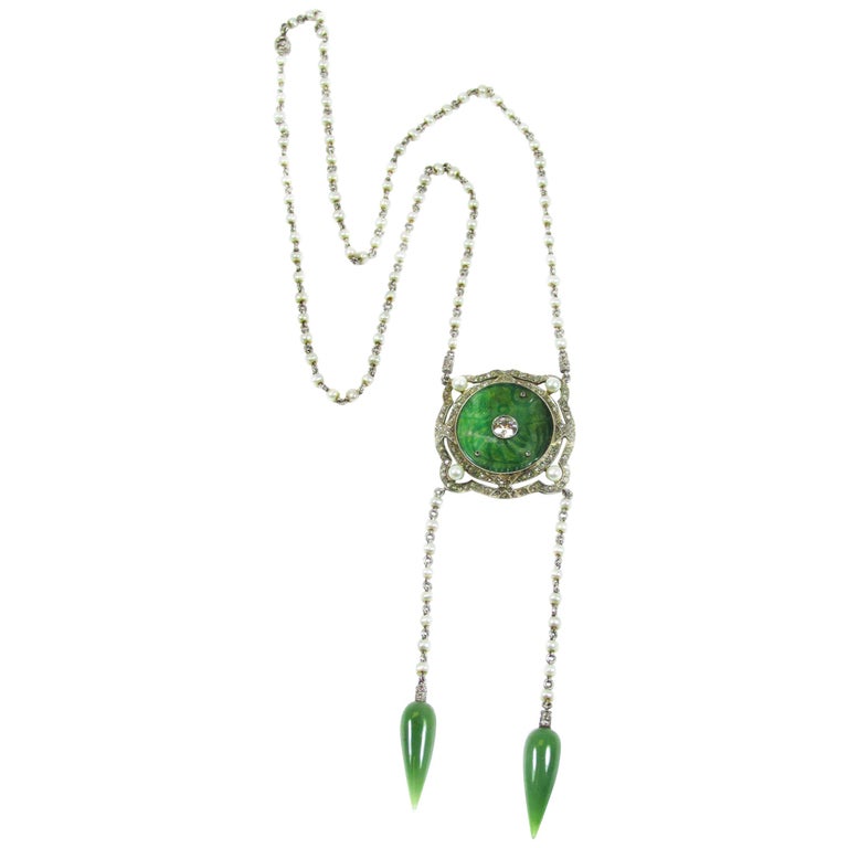Edwardian Jade Natural Pearl Diamond Platinum Sautoir Necklace For Sale