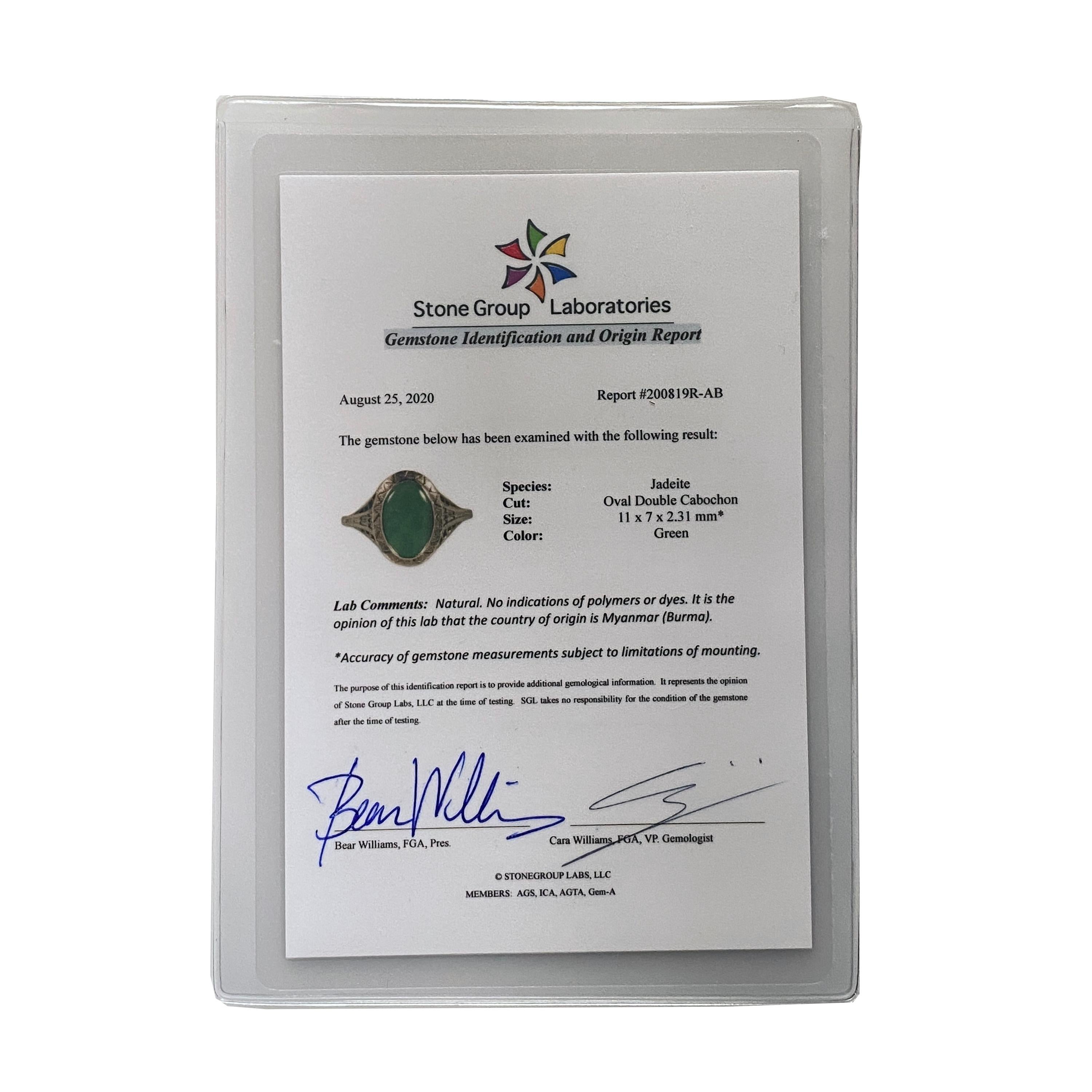 Edwardian Jade Ring 18 Karat Certified Untreated For Sale 2