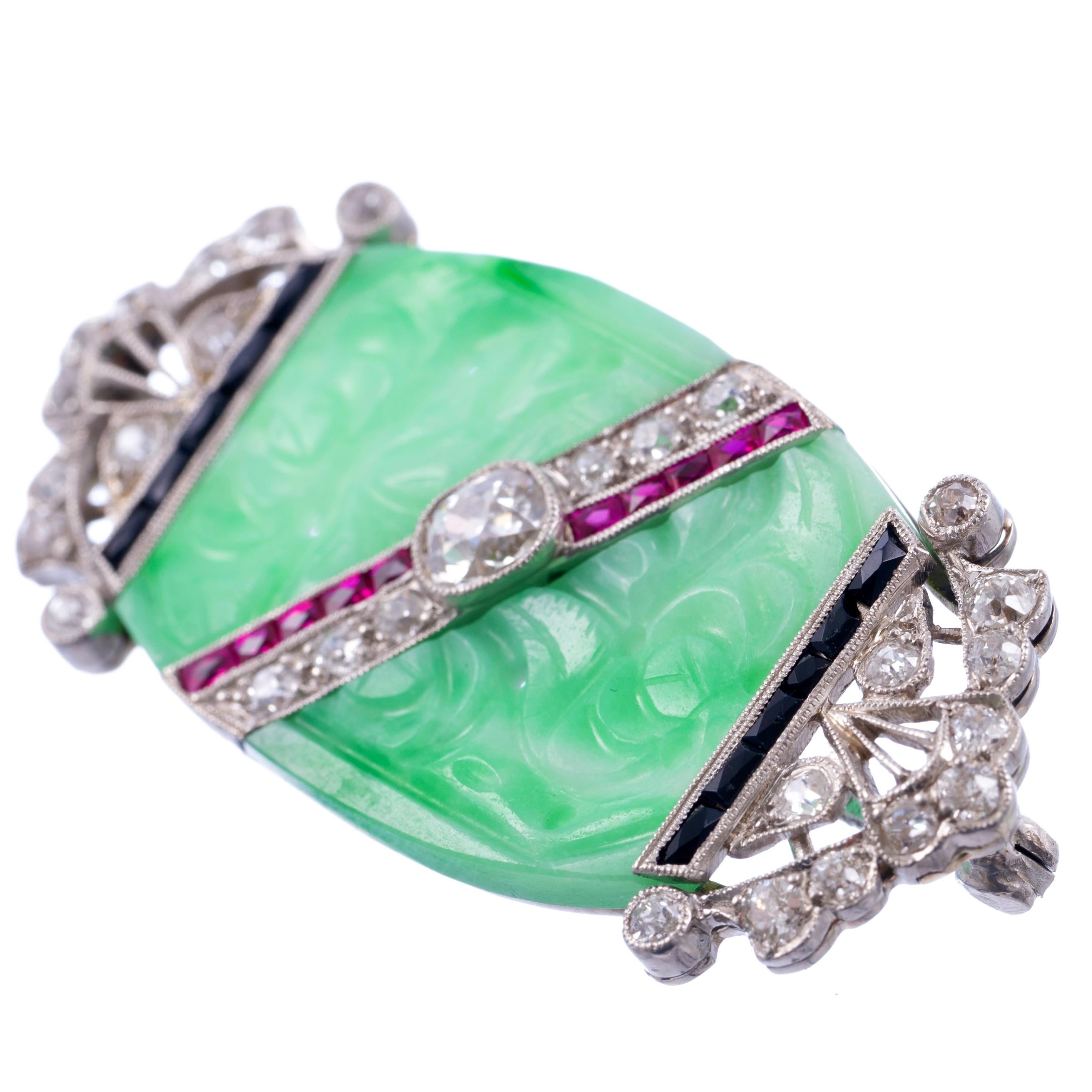 Edwardian Jadeite, Diamond, Ruby, And Onyx Platin… - image 2