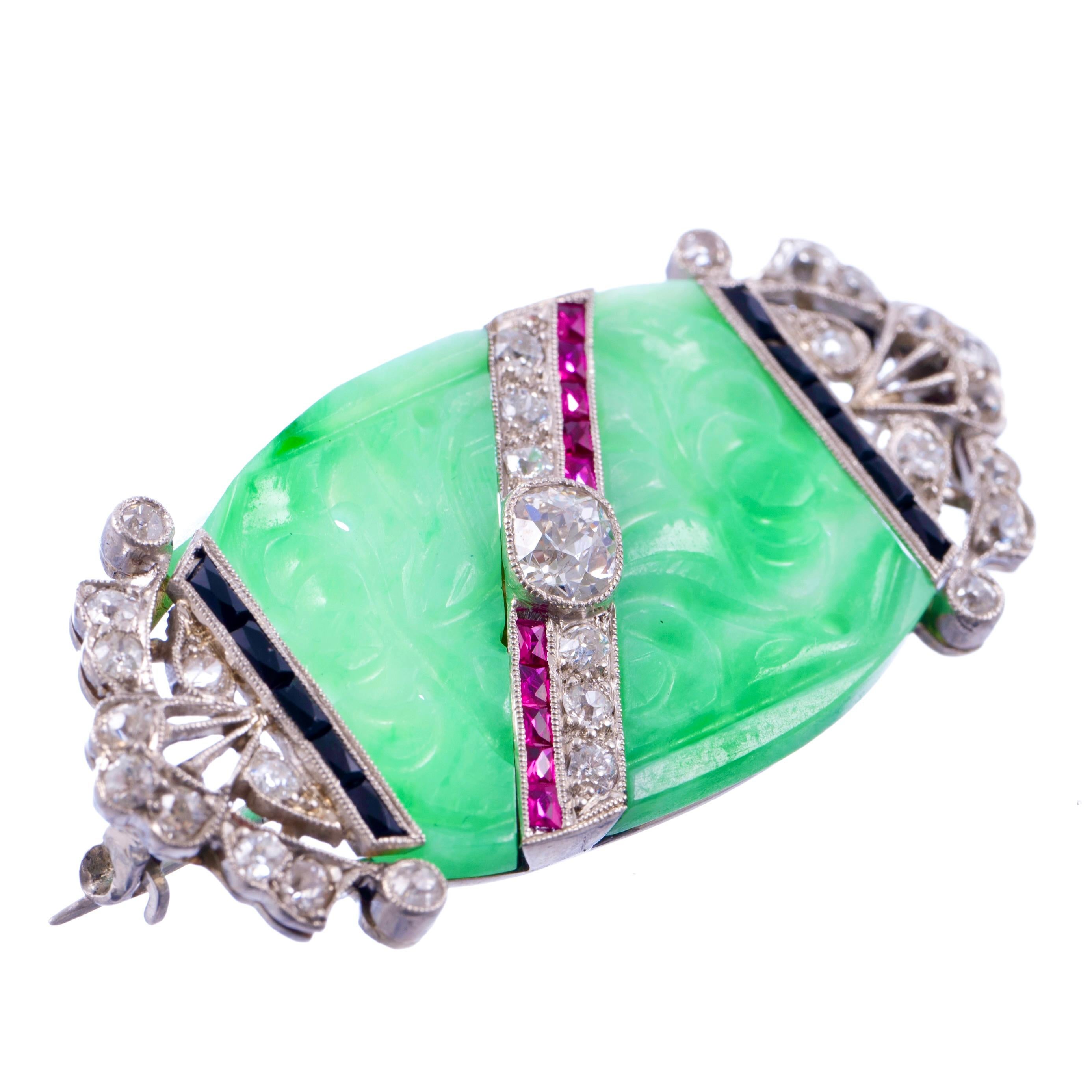 Edwardian Jadeite, Diamond, Ruby, And Onyx Platin… - image 3