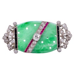 Edwardian Jadeite, Diamond, Ruby, and Onyx Platinum Brooch Circa 1915