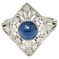 Edwardian J.E. Caldwell Sapphire Diamond Platinum Antique Dinner Ring