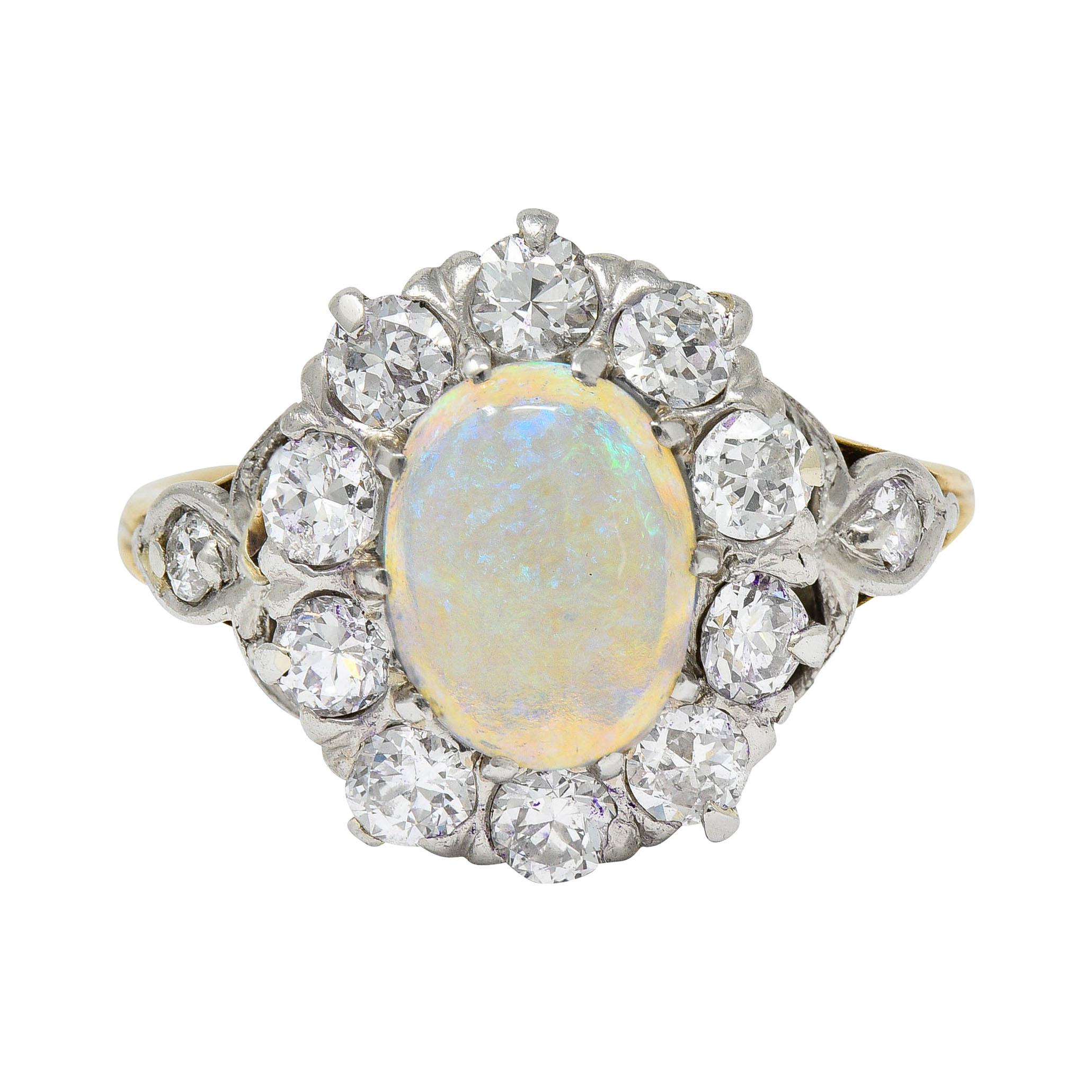 Edwardian Jelly Opal 1.06 Carats Diamond Platinum 14 Karat Gold Cluster Ring