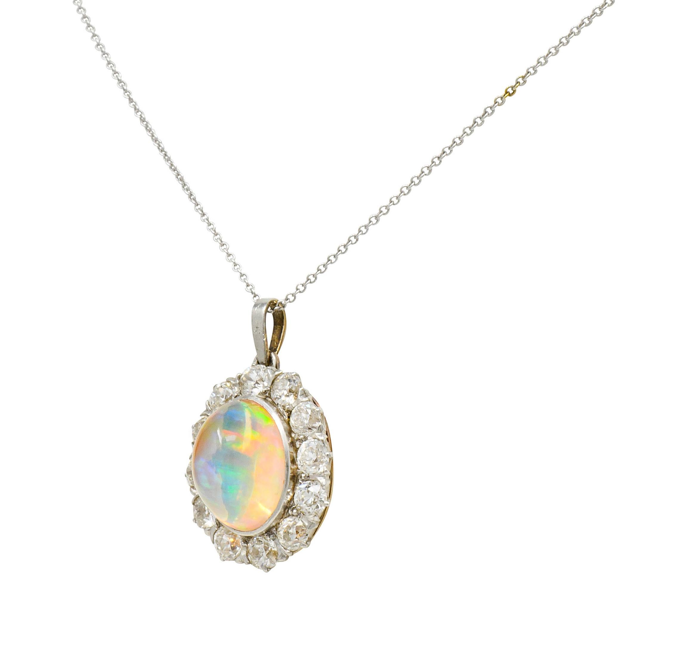 Edwardian Jelly Opal 3.00 CTW Diamond Platinum-Topped 14 Karat Gold Cluster Pend 1