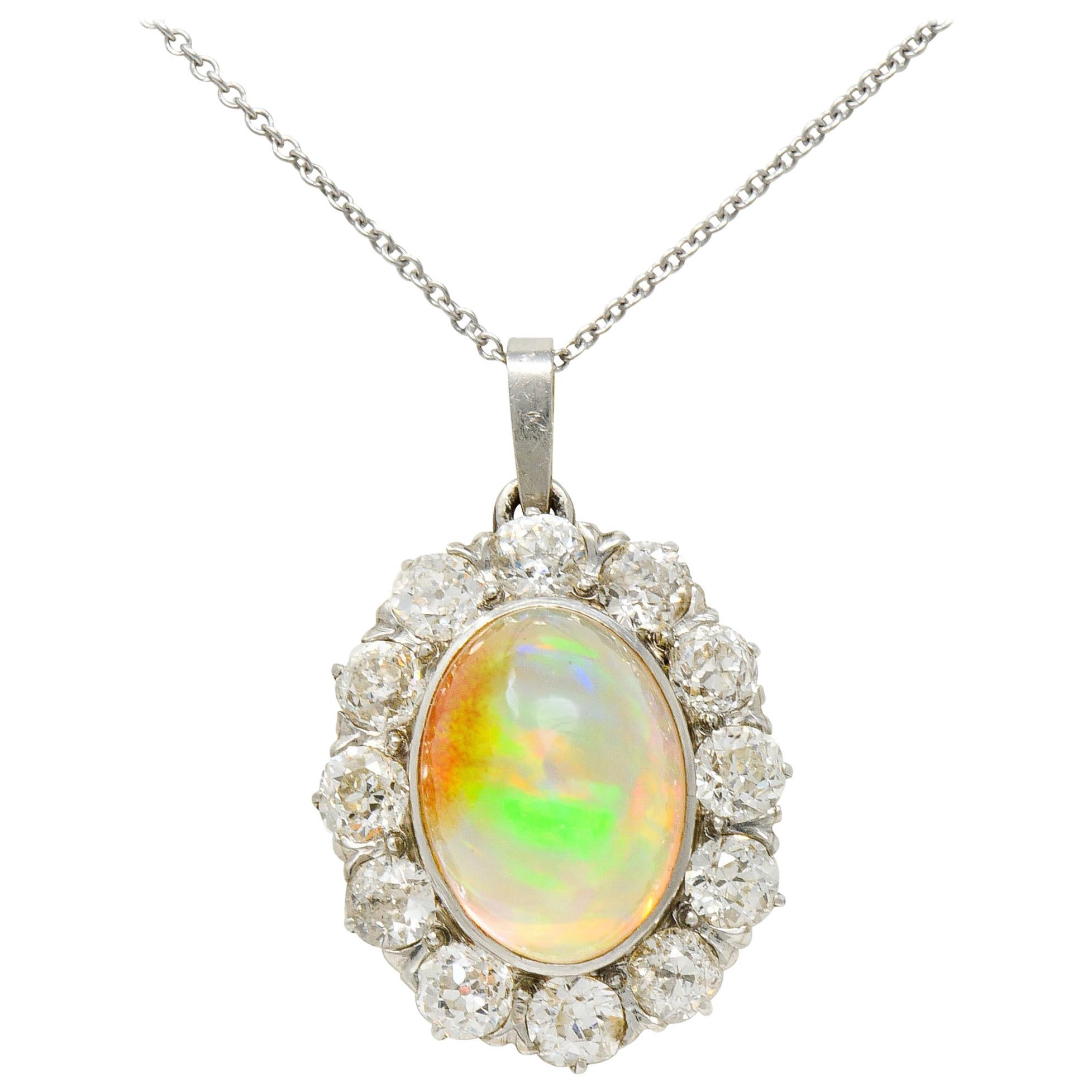 Edwardian Jelly Opal 3.00 CTW Diamond Platinum-Topped 14 Karat Gold Cluster Pend