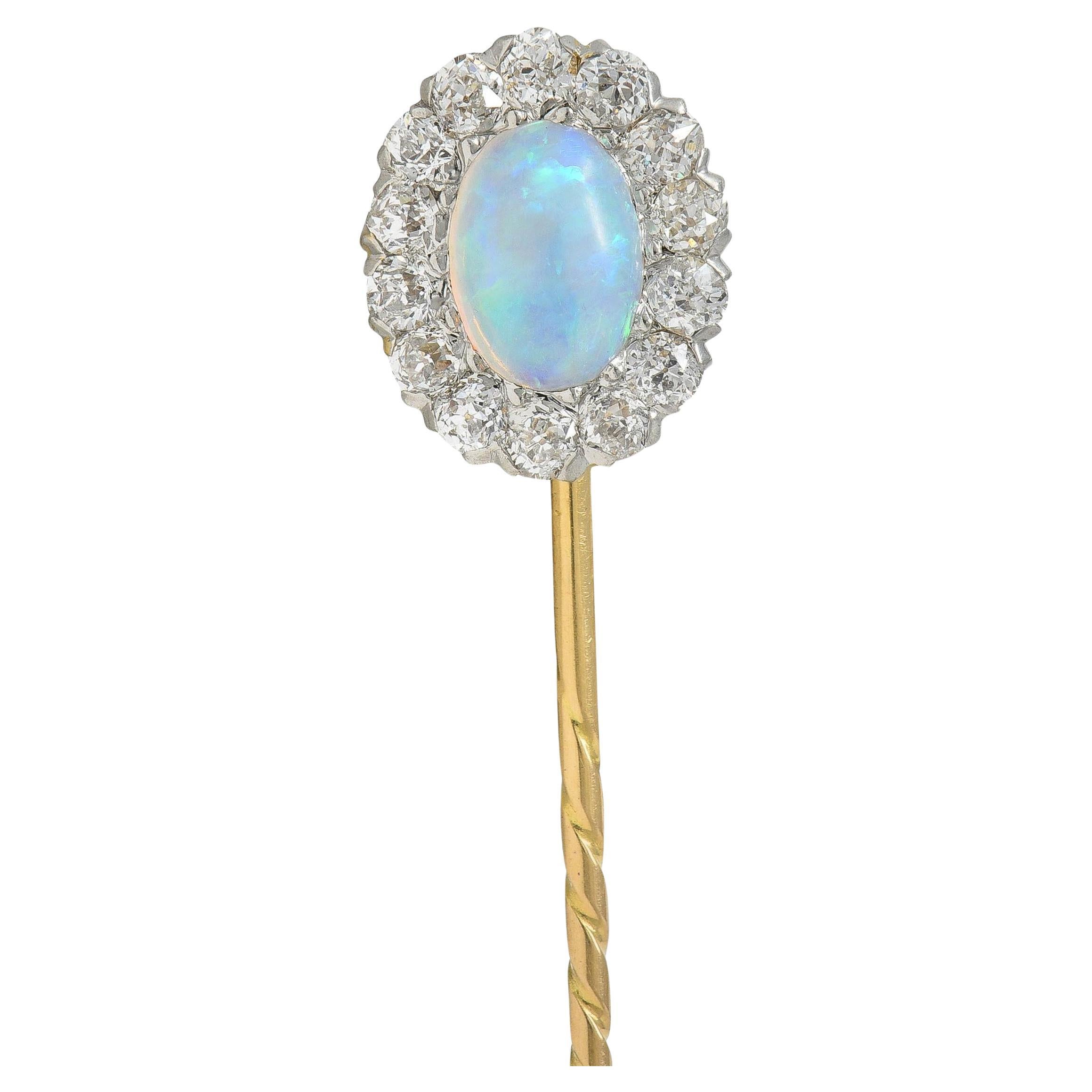 Edwardian Jelly Opal Diamond 14 Karat Yellow Gold Antique Halo Stickpin