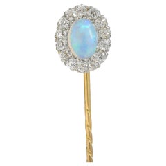 Edwardian Jelly Opal Diamond 14 Karat Yellow Gold Antique Halo Stickpin