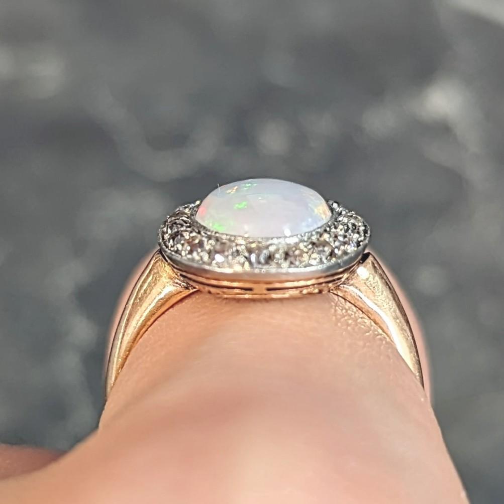 Edwardian Jelly Opal Diamond Platinum 18 Karat Rose Gold Antique Halo Ring For Sale 5