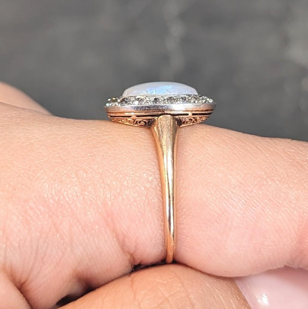 Edwardian Jelly Opal Diamond Platinum 18 Karat Rose Gold Antique Halo Ring For Sale 6