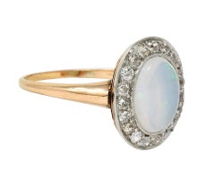 Edwardian Jelly Opal Diamond Platinum 18 Karat Rose Gold Antique Halo Ring