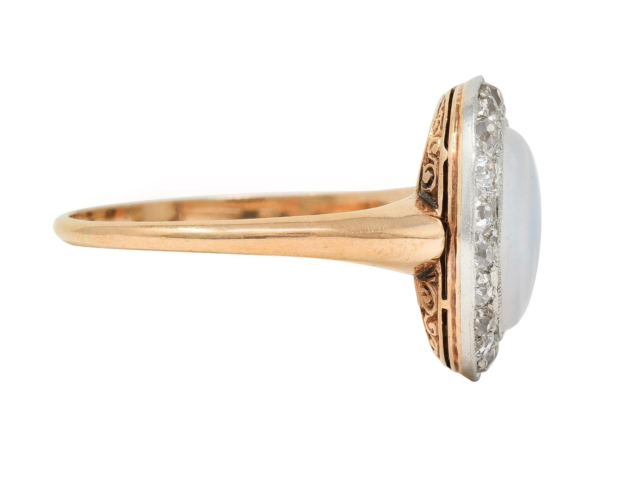 Cabochon Edwardian Jelly Opal Diamond Platinum 18 Karat Rose Gold Antique Halo Ring For Sale