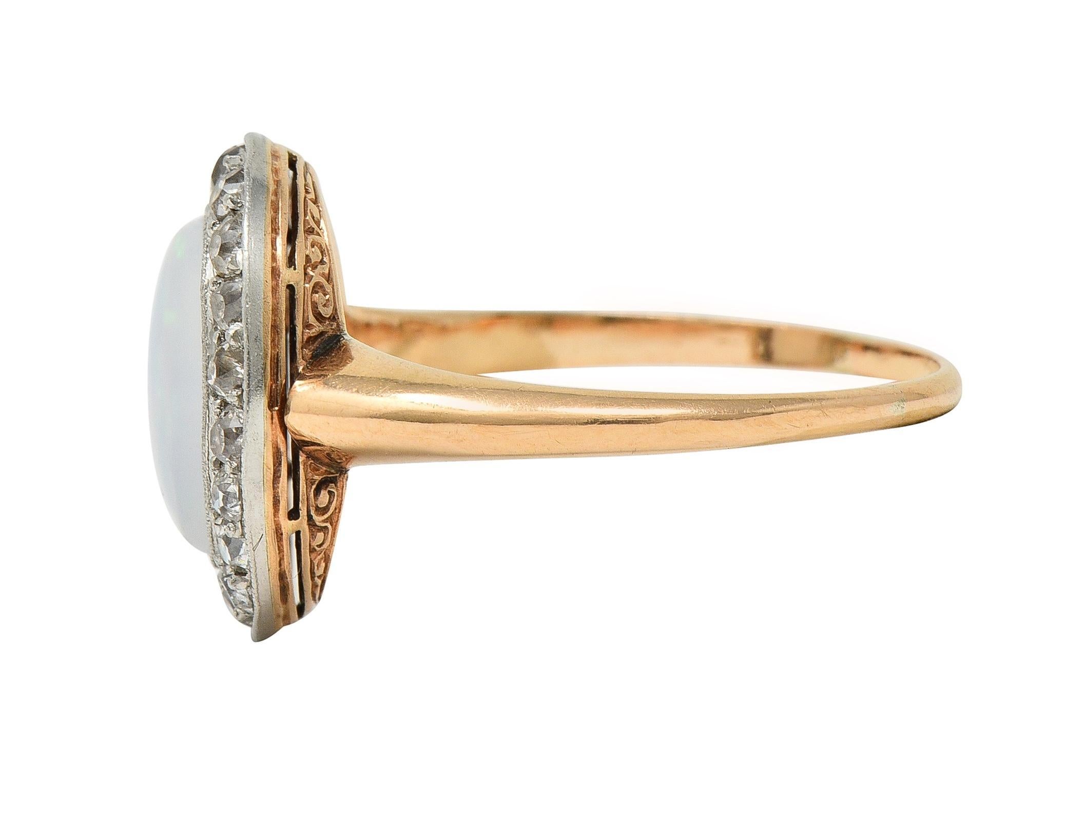 Women's or Men's Edwardian Jelly Opal Diamond Platinum 18 Karat Rose Gold Antique Halo Ring For Sale