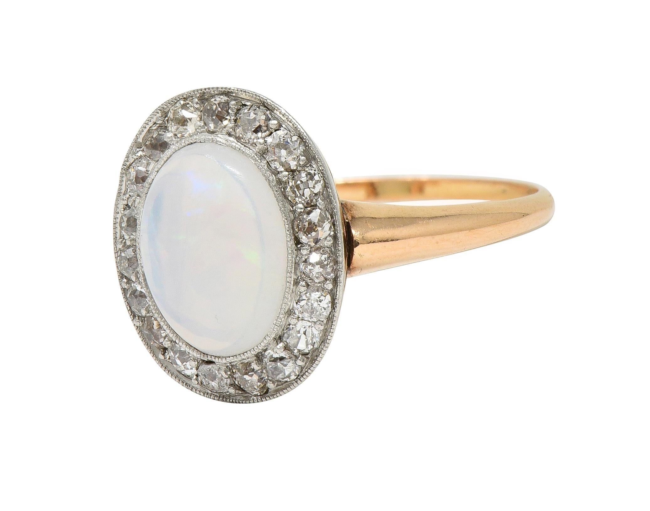 Edwardian Jelly Opal Diamond Platinum 18 Karat Rose Gold Antique Halo Ring 1