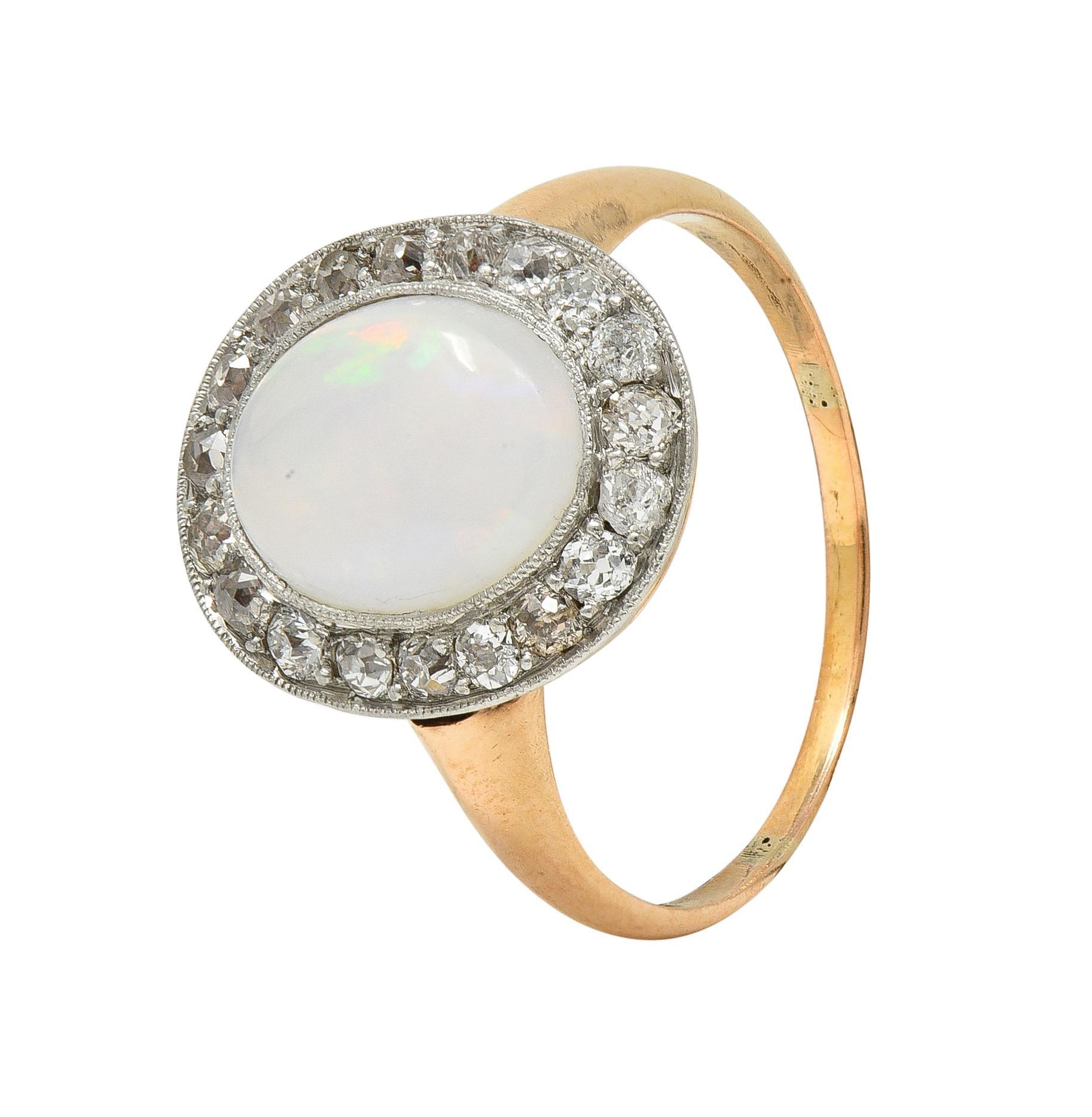 Edwardian Jelly Opal Diamond Platinum 18 Karat Rose Gold Antique Halo Ring For Sale 2