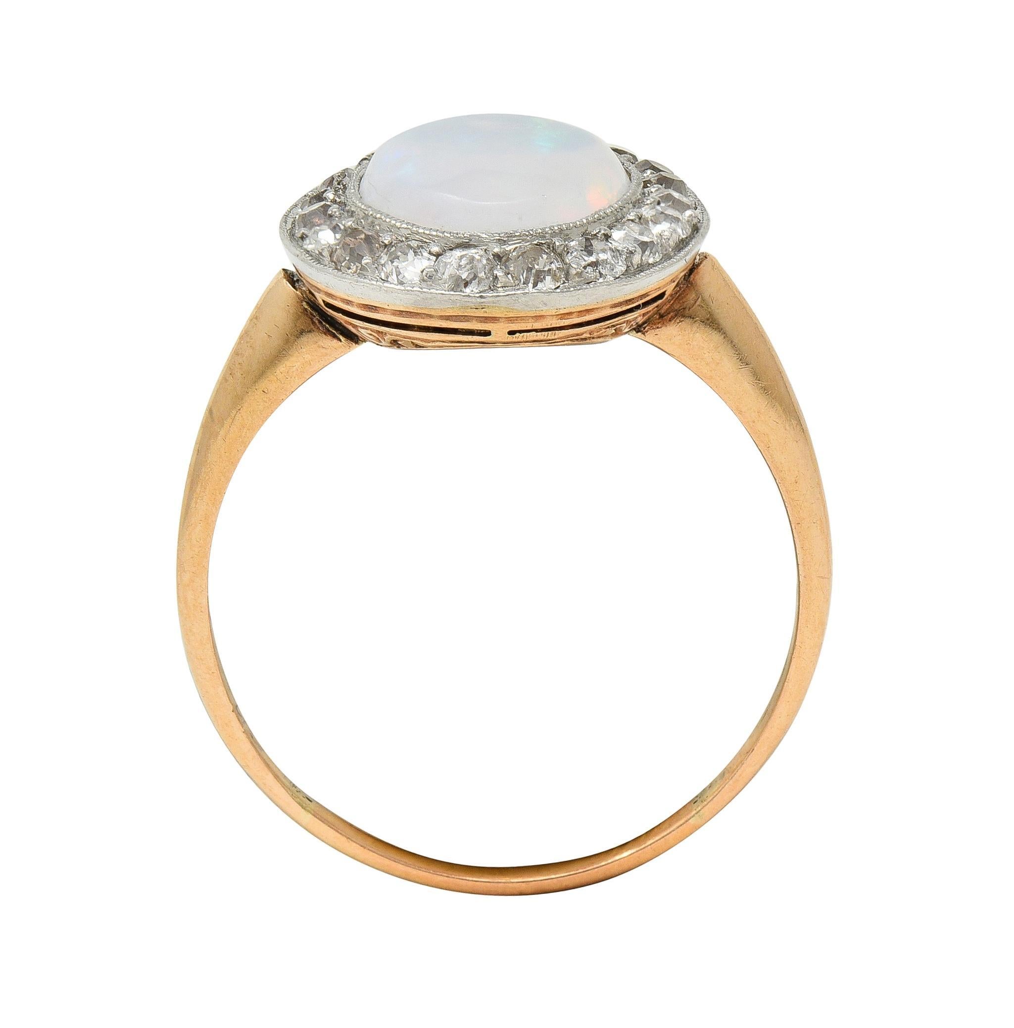 Edwardian Jelly Opal Diamond Platinum 18 Karat Rose Gold Antique Halo Ring For Sale 3