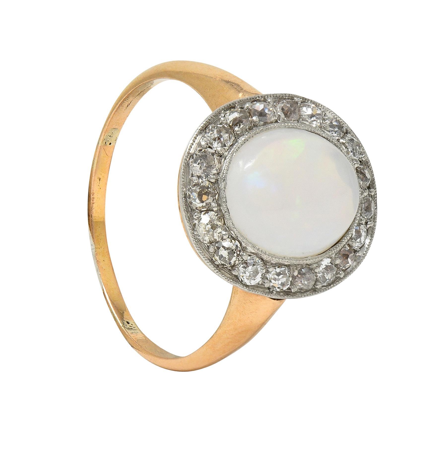 Edwardian Jelly Opal Diamond Platinum 18 Karat Rose Gold Antique Halo Ring 4