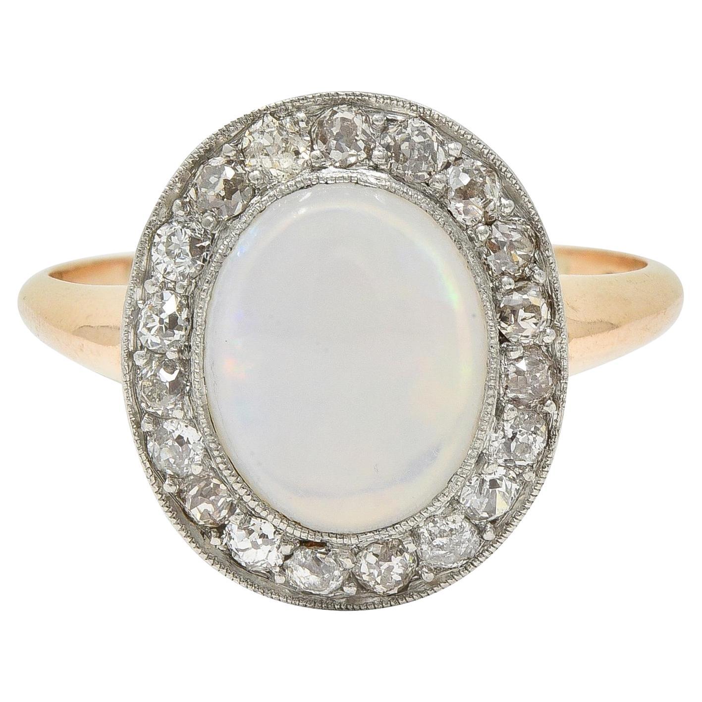 Bague Edwardienne Jelly Opal Diamond Platinum 18 Karat Rose Gold Antique Halo Ring en vente