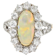 Edwardian Jelly Opal Diamond Platinum-Topped 14 Karat Gold Cluster Ring