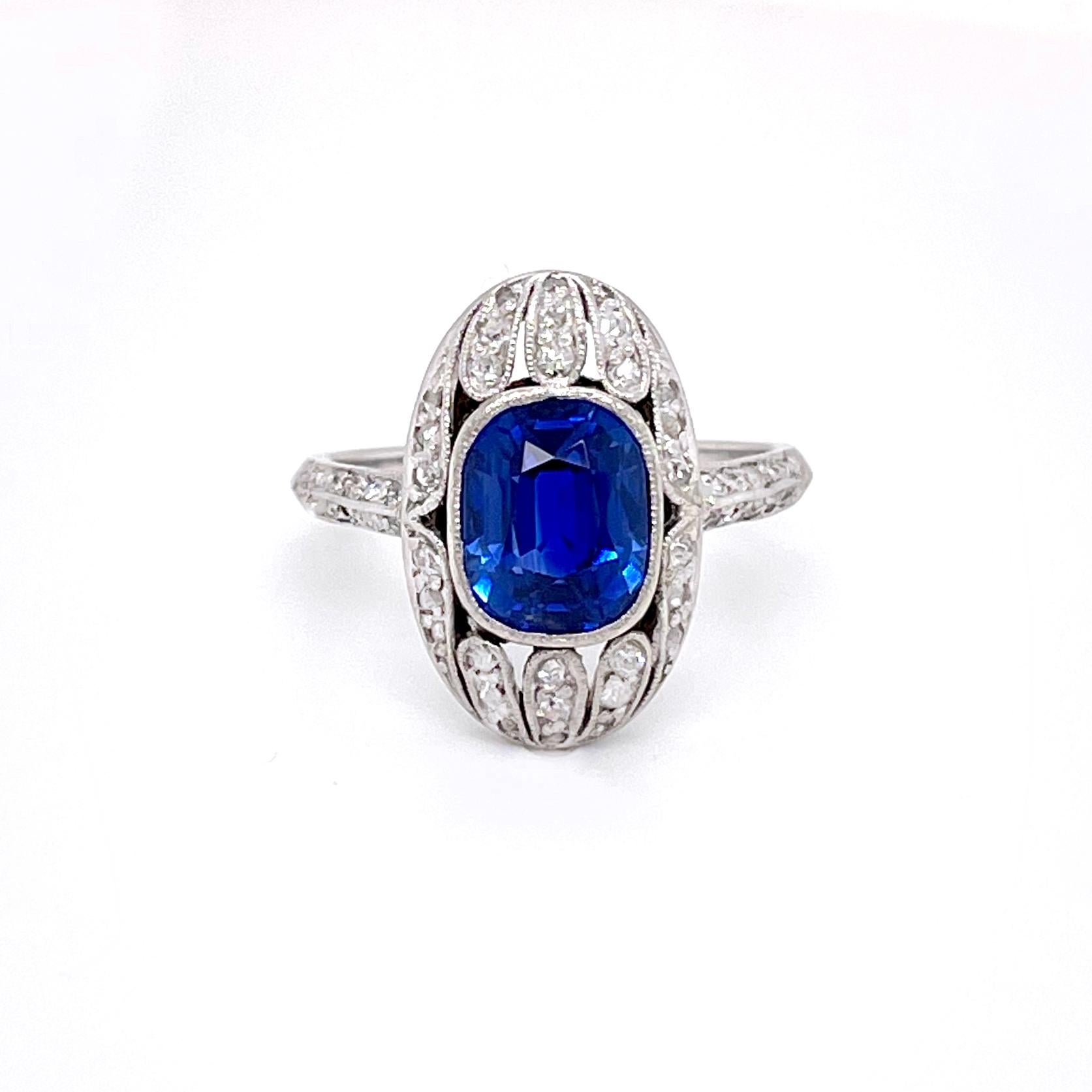 Antique Cushion Cut Edwardian Kashmir Sapphire 2.56ct 'SSEF Certified' and Diamond Ring, ca. 1910s