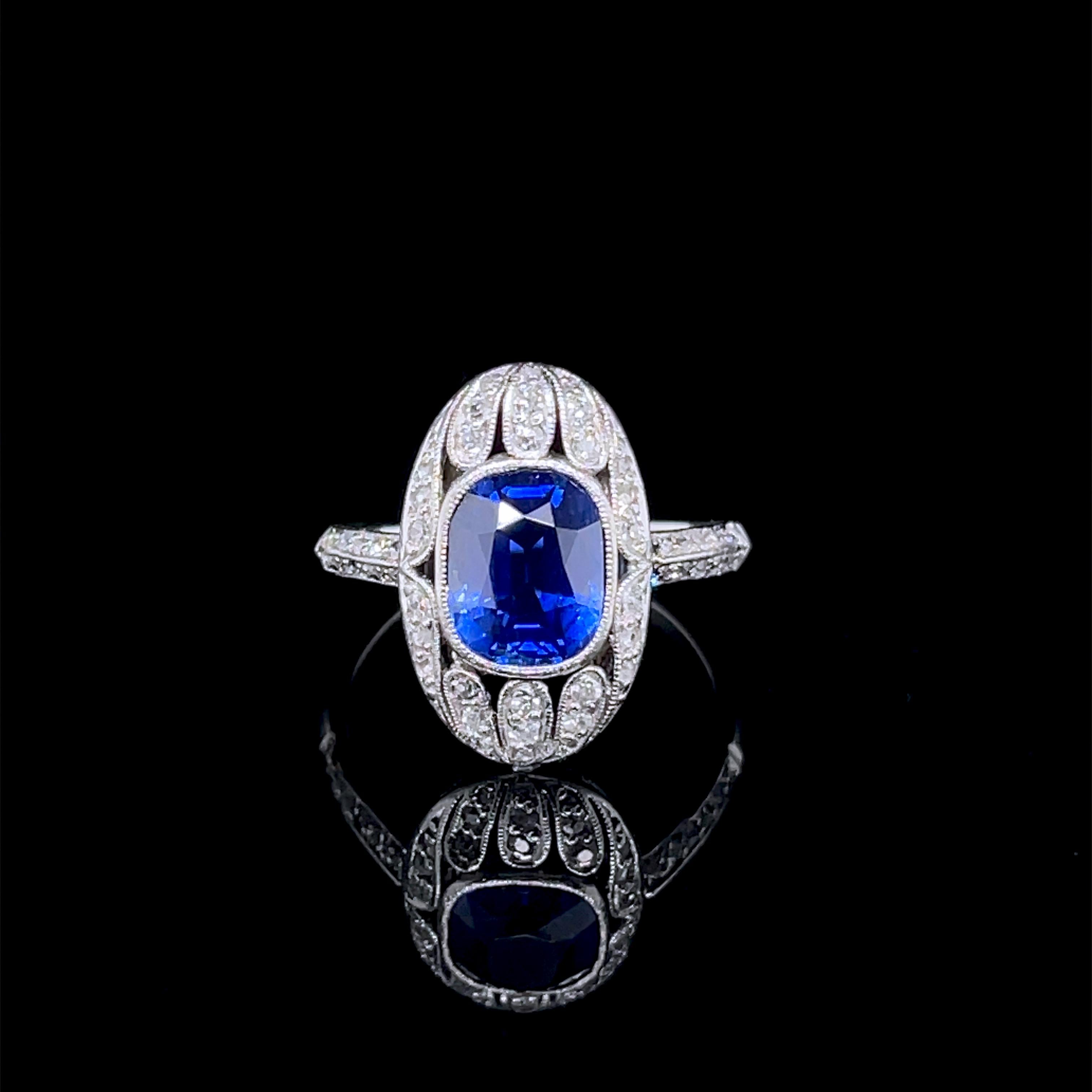 Edwardian Kashmir Sapphire 2.56ct 'SSEF Certified' and Diamond Ring, ca. 1910s 2
