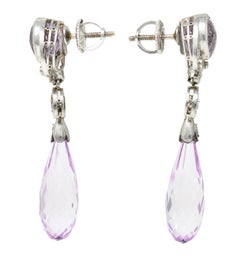 Edwardian Kunzite Diamond Platinum Antique Gemstone Drop Earrings