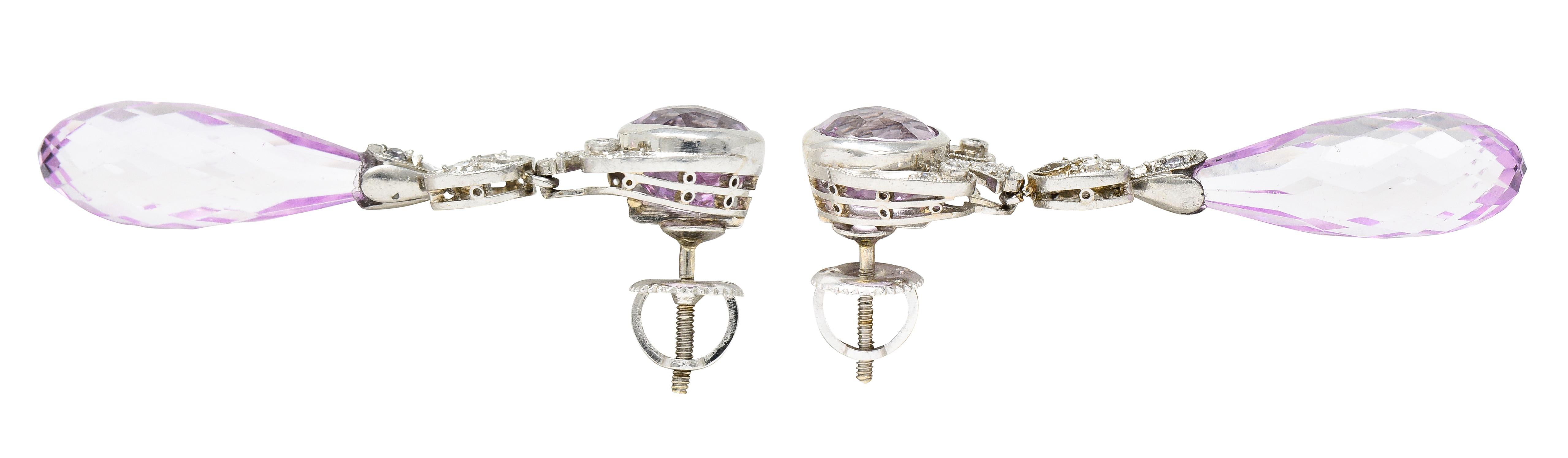 Women's or Men's Edwardian Kunzite Diamond Platinum Antique Gemstone Drop Earrings